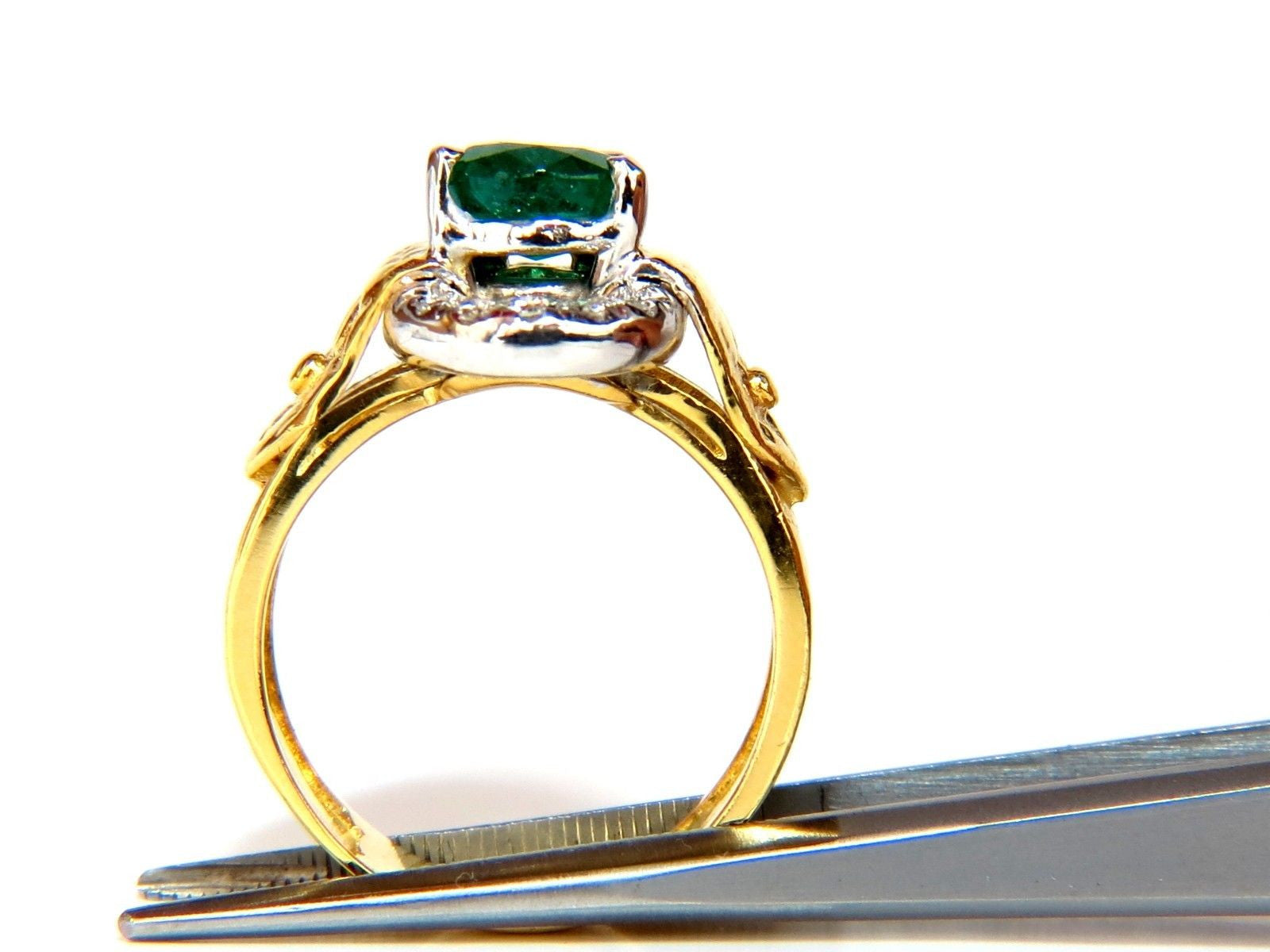 18KT 1.90CT Natural Emerald Diamond Ring - Vintage Scaling Pattern Clip Over Design for Engagement, Anniversary & Special Occasions