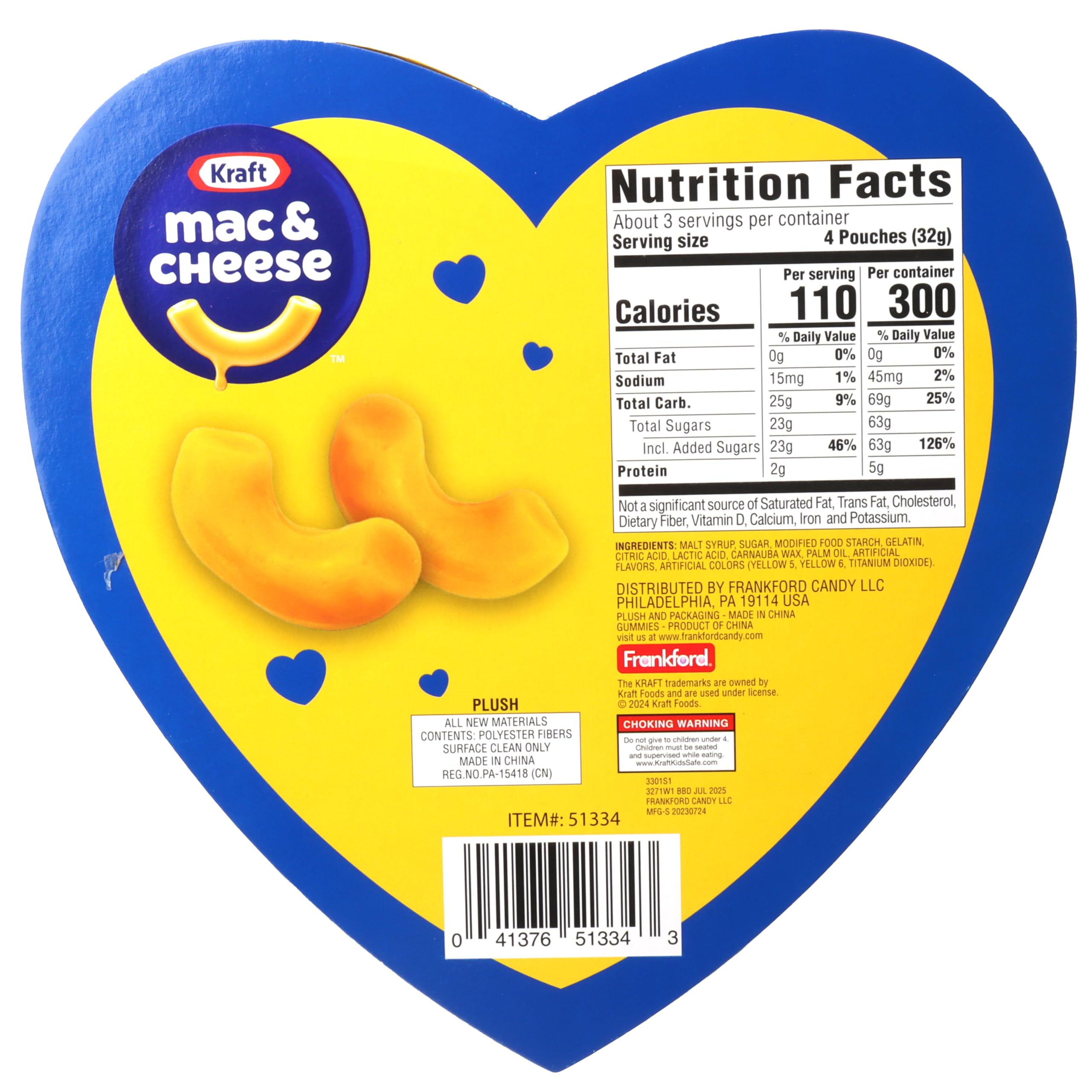 Frankford Candy Kraft Mac & Cheese Valentine's Day Gift Box - Heart Shaped Pasta with Candy & Plush Toy - Perfect for Valentine's Gifts, Romantic Surprises & Kids Treats