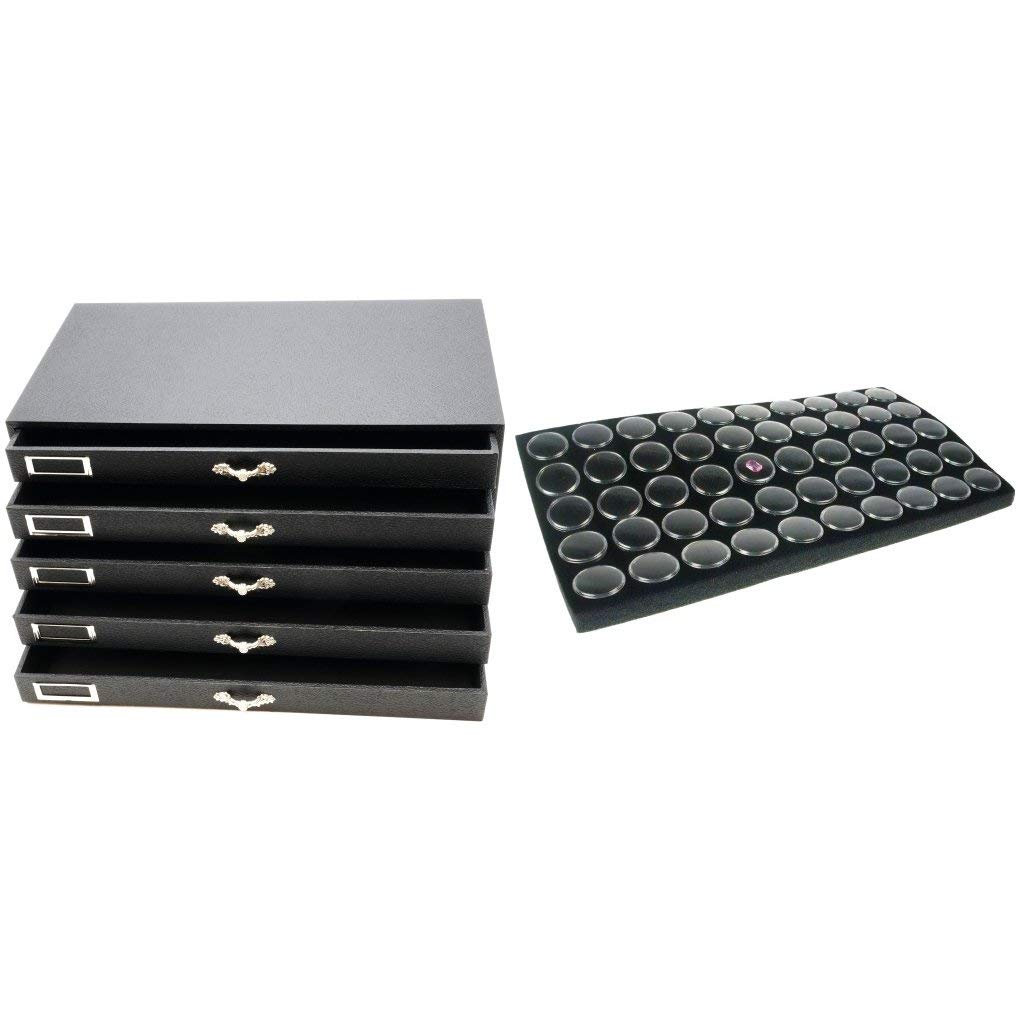 FindingKing 5-Drawer Jewelry Organizer Storage Case with Black Jar Tray Inserts (6-Piece Set) - Perfect for Jewelry Store Display, Craft Bead Storage & Home Organization
