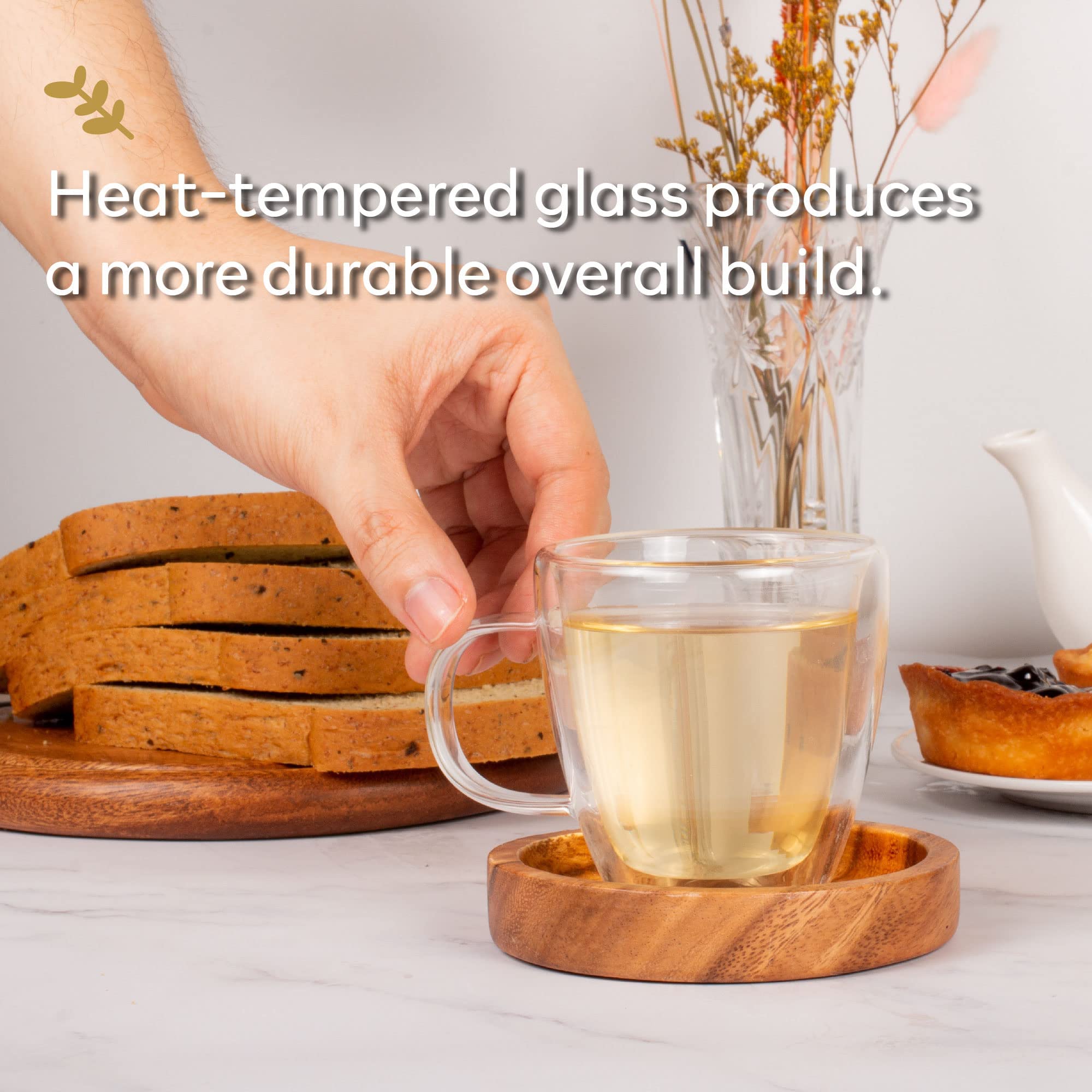 Double Wall Glass Tea Cup Set of 2 - 5.4oz (160ml) Borosilicate Heatproof Clear Teacups with Handle - Small Espresso Cups for Tea, Coffee & Hot Drinks - Perfect for Home, Office & Cafe Use