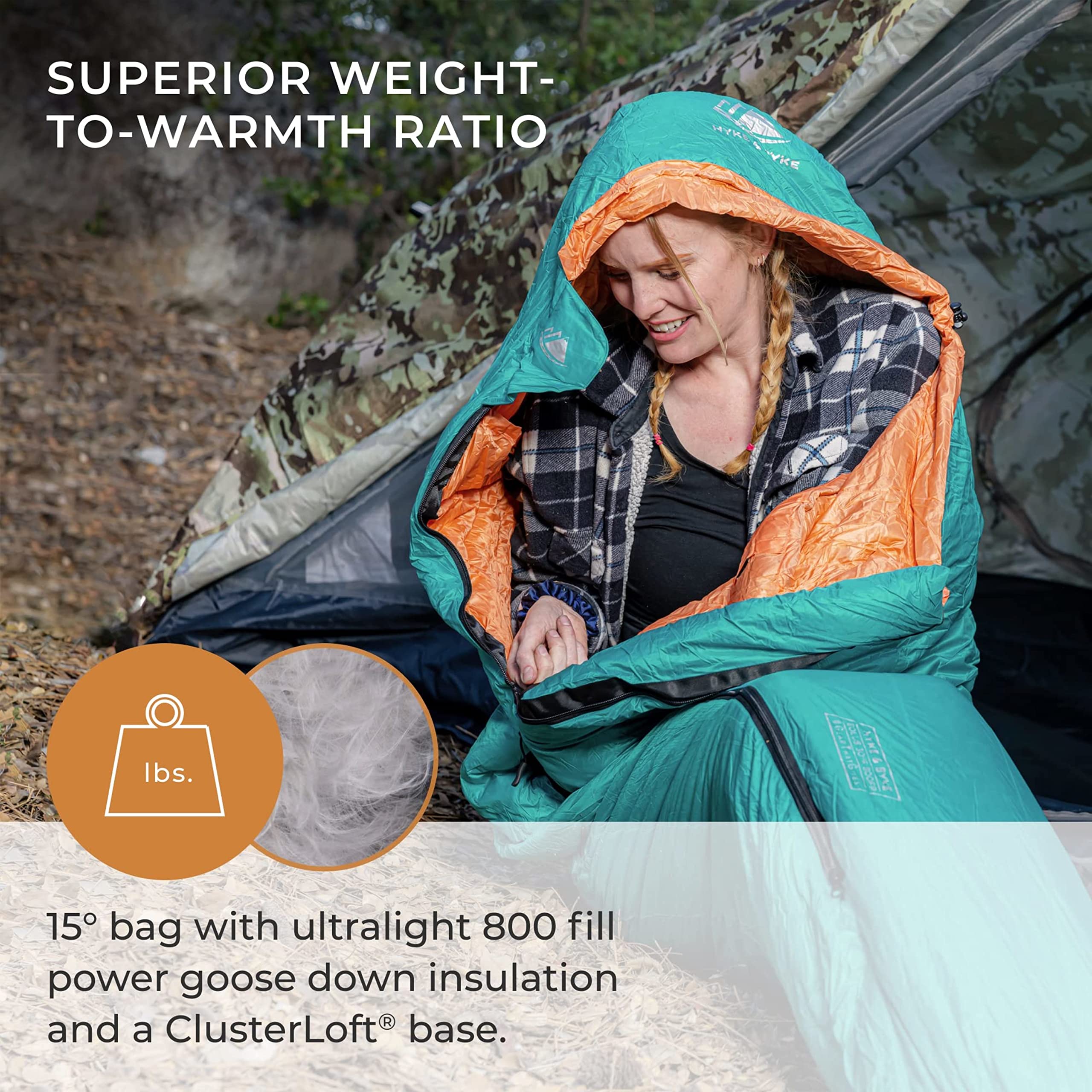 Hyke & Byke Eolus 15°F 3-Season Ultralight 800FP Goose Down Sleeping Bag for Hiking & Backpacking - Black/Clementine - 78in Regular - Perfect for Camping, Backpacking & Outdoor Adventures