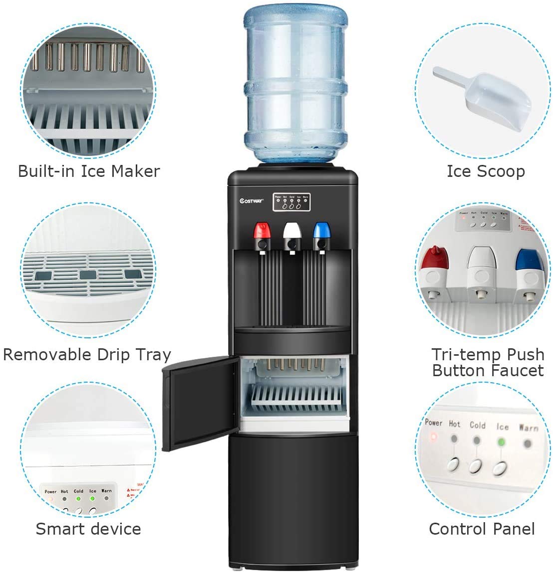 Nightcore 2-in-1 Freestanding Electric Water Cooler Dispenser with Built-in Ice Maker - 27LB/24H Ice Production, Hot & Cold Top Loading Design, Child Safety Lock - Perfect for Home, Office, or Kitchen Use (Black)