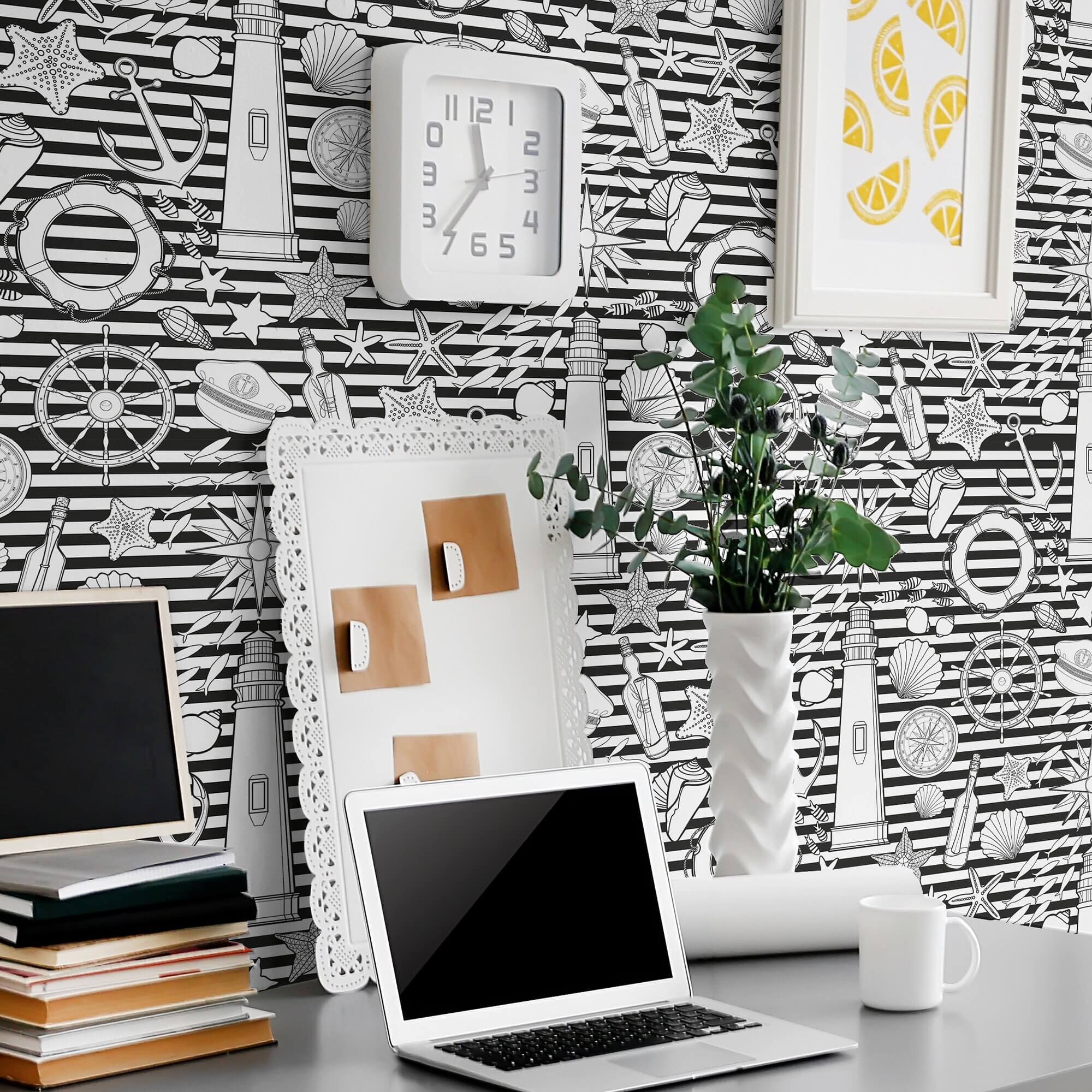 White Striped Nautical Peel and Stick Removable Wallpaper - Self-Adhesive Decorative Wall Covering for Bedroom, Bathroom, Nursery & Office - Easy to Apply & Remove