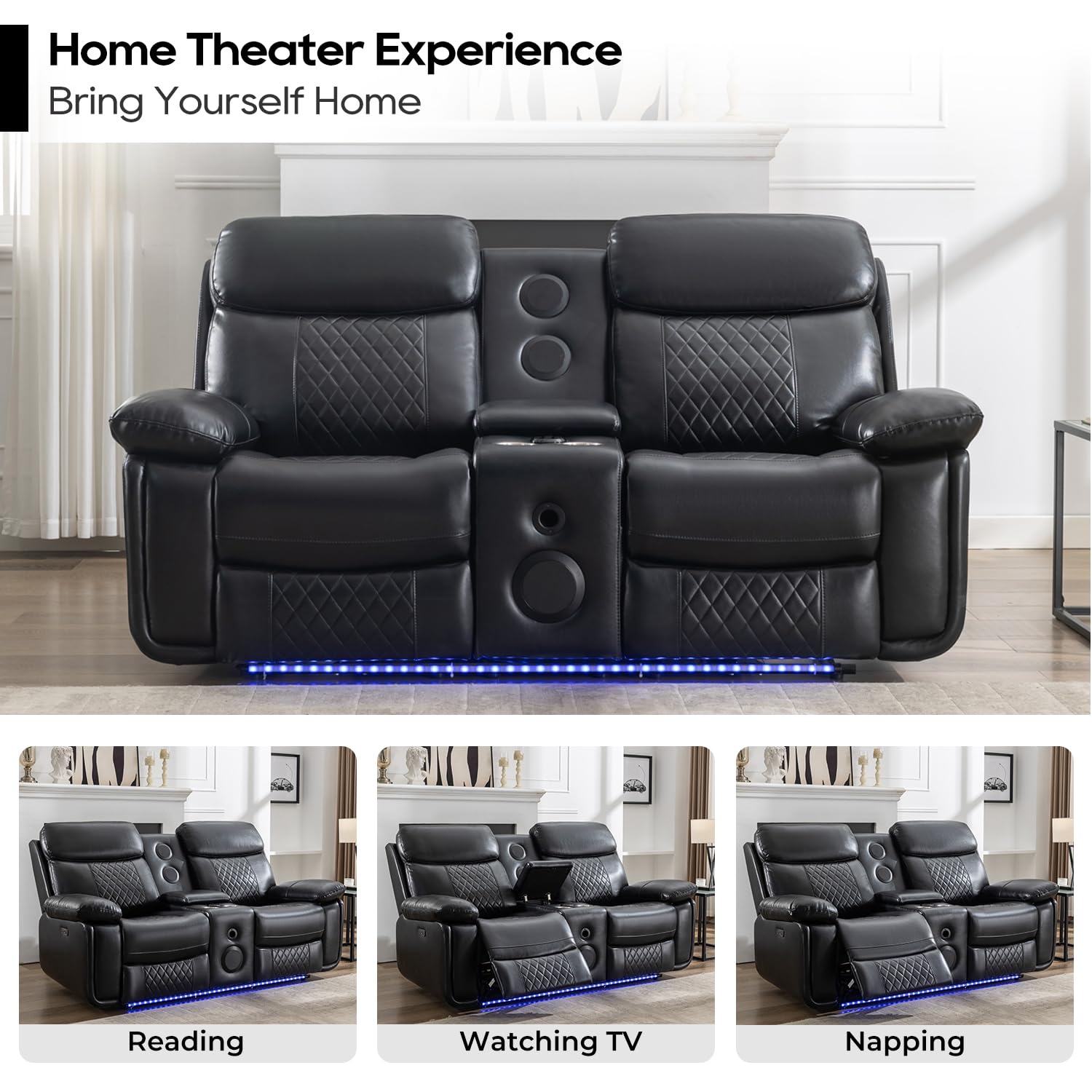 Power Loveseat Recliner with Bluetooth Speakers & LED Lights - Faux Leather Dual Reclining Sofa with Console - Perfect for Movie Nights, Home Theater & RV Living Room Seating
