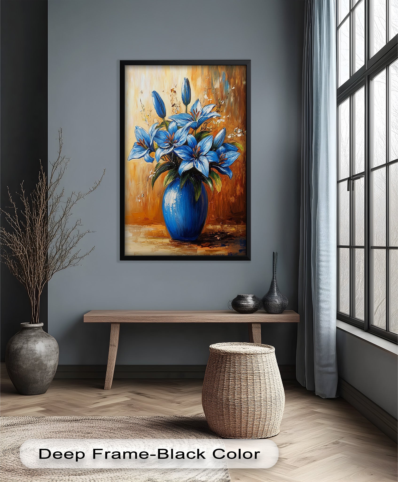 Azure Blossoms in Blue Vase - Hand-Painted Floral Oil Canvas Artwork for Living Room Decor | Wall Art for Home & Office