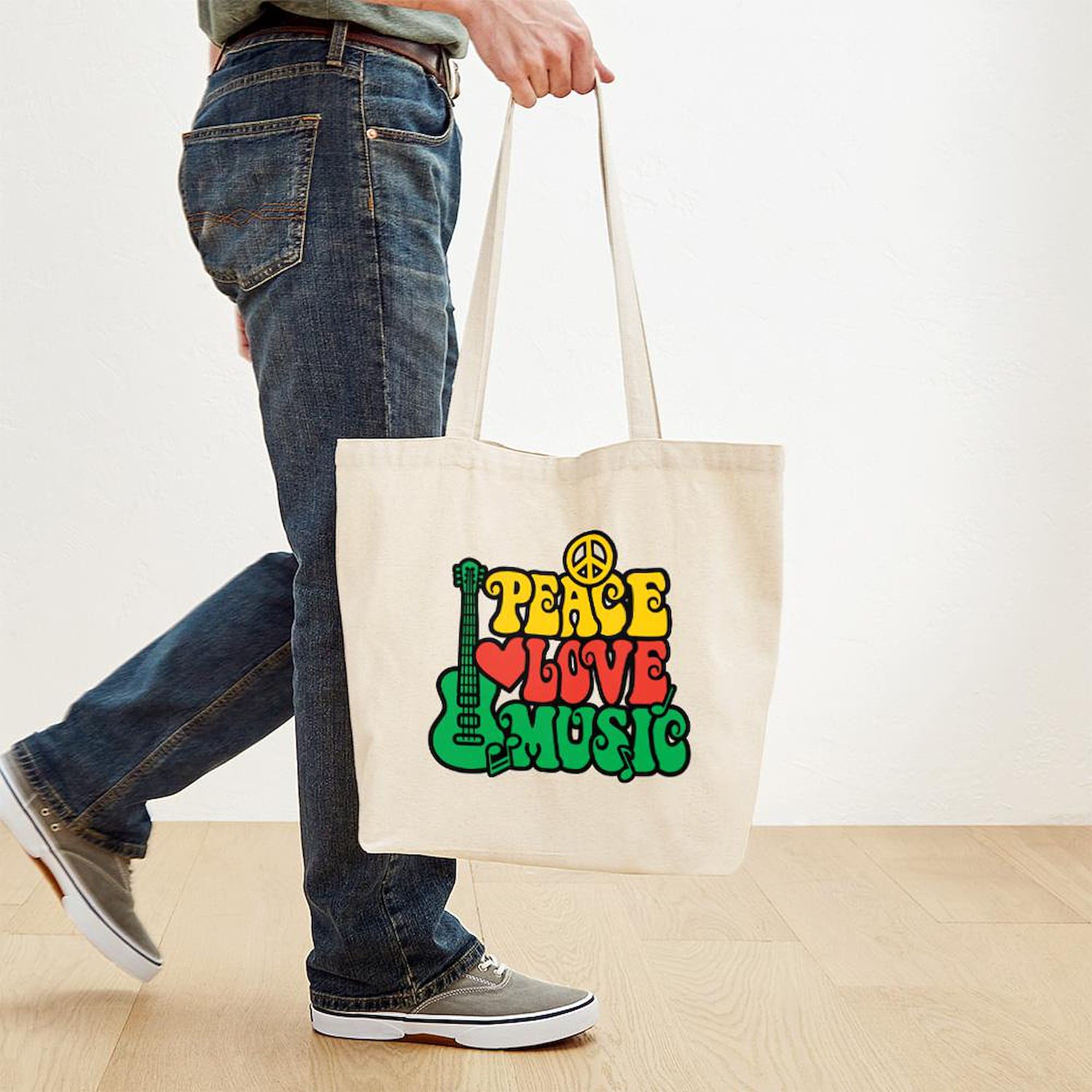 Reggae Peace Love Music Tote Bag - Eco-Friendly Natural Canvas Reusable Shopping Bag for Groceries, Beach & Daily Use
