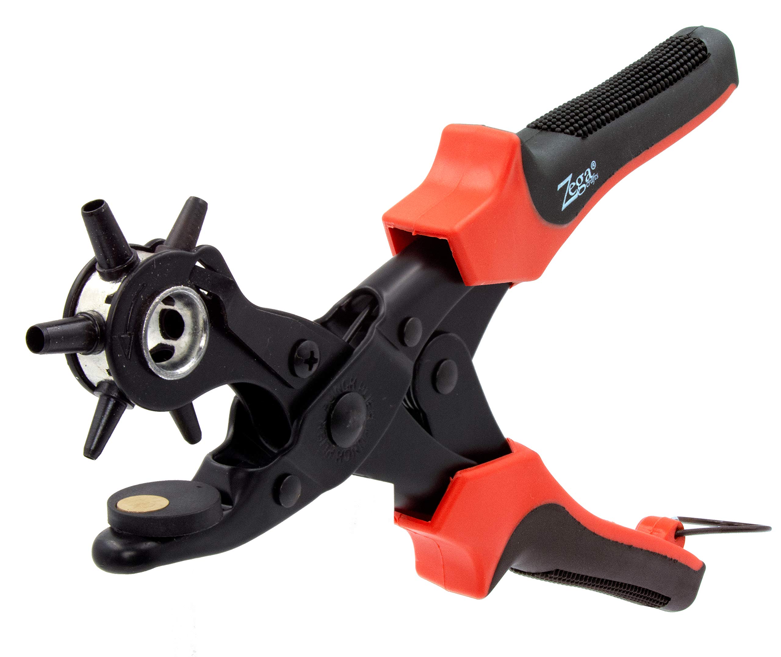 Zega Crafts Revolving Leather Hole Punch Plier Kit - Professional Belt Hole Punch Tool for Leather, Belts, Watches, Vinyl, Plastic & Handbags - Includes 3 Brass Punch Pads & Carborundum Grinding Rod - Perfect for DIY Leather Crafting, Watch Strap Adjustment & Belt Repair