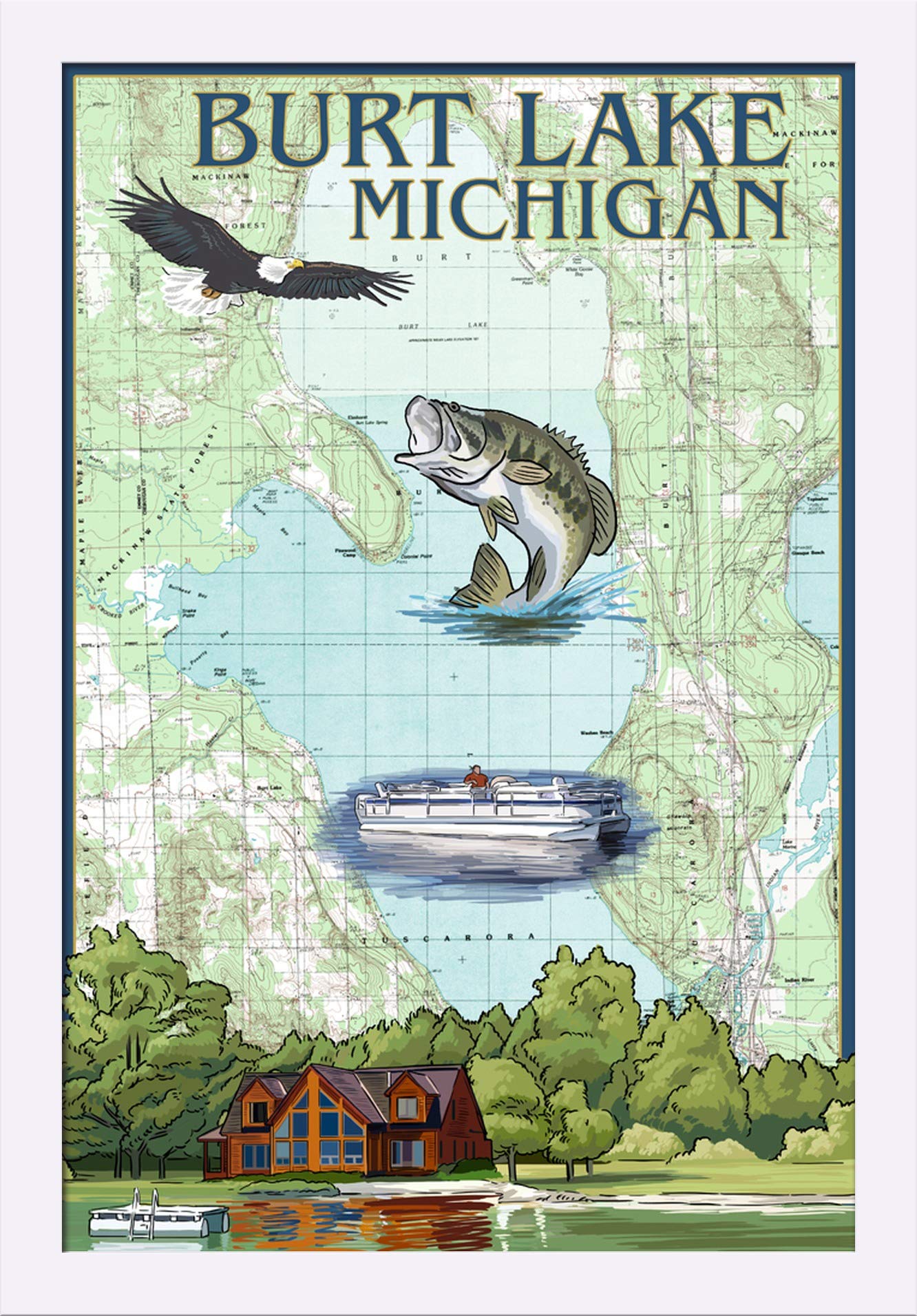 Burt Lake Michigan Nautical Chart - 16x24 Giclee Fine Art Print with Recycled Wood Frame in White | Perfect for Lake House Decor, Boating Enthusiasts & Coastal Home Office