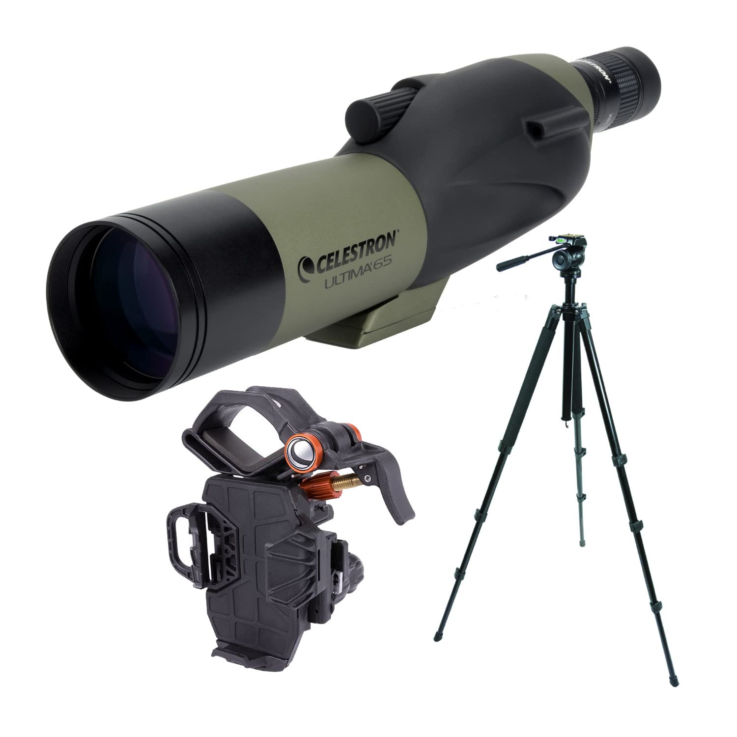 Celestron Ultima 65mm Spotting Scope with 18-55x Eyepiece - Straight Viewing Spotting Scope with Trailseeker Tripod & NeXYZ Universal Phone Adapter Kit for Bird Watching, Hunting, and Outdoor Adventures