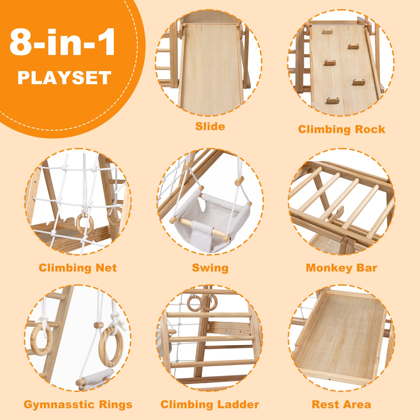 ECOMEX 8-in-1 Wooden Montessori Climber Playset for Toddlers - Indoor Jungle Gym with Slide, Swing & Climbing Net - Safe Indoor Playground Equipment for Kids - Perfect for Home Playrooms, Daycares & Preschools
