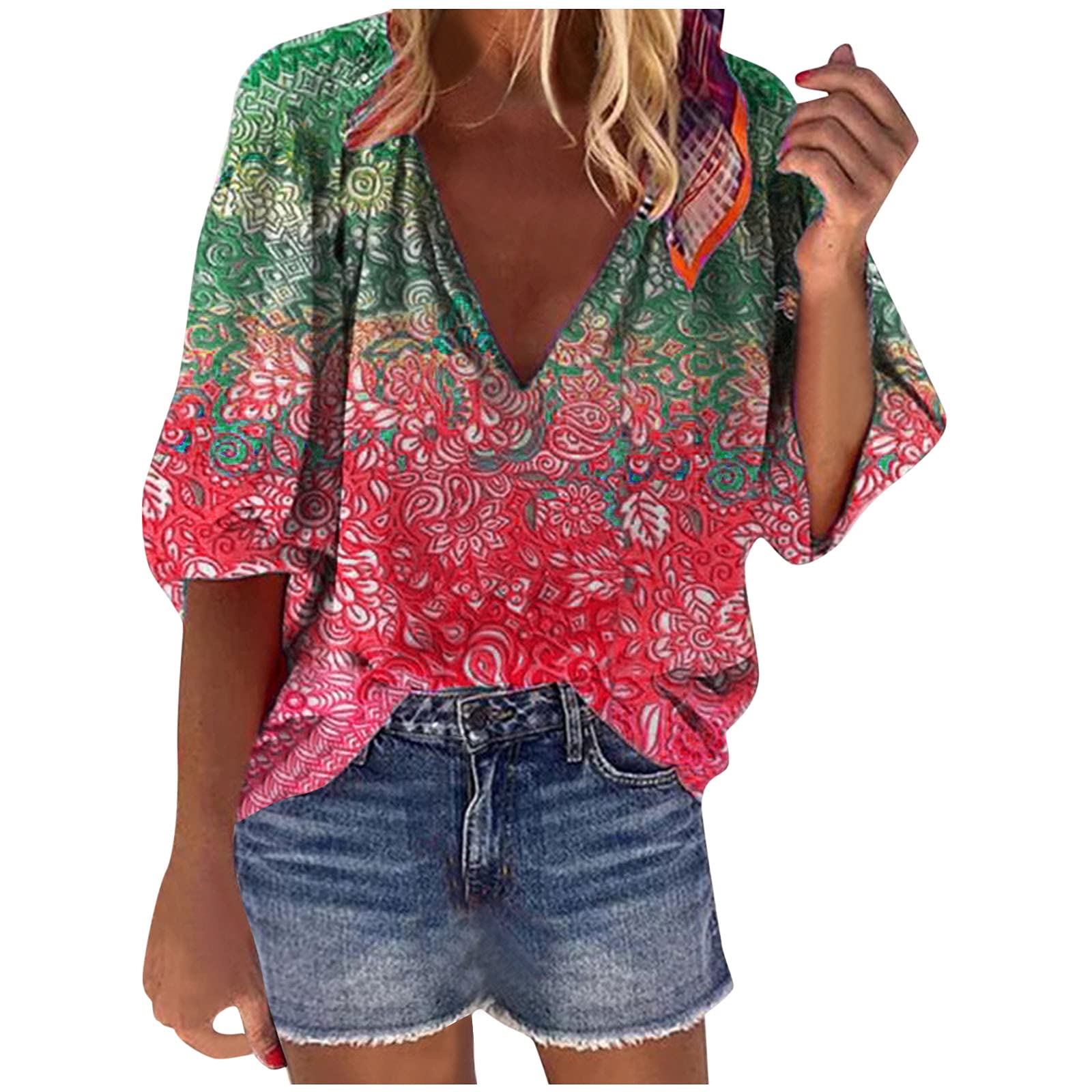 Boho Floral Print V-Neck T-Shirt for Women - Casual Short Sleeve Blouse with Drawstring Detail | Perfect for Summer Outfits, Beach Wear & Boho Fashion