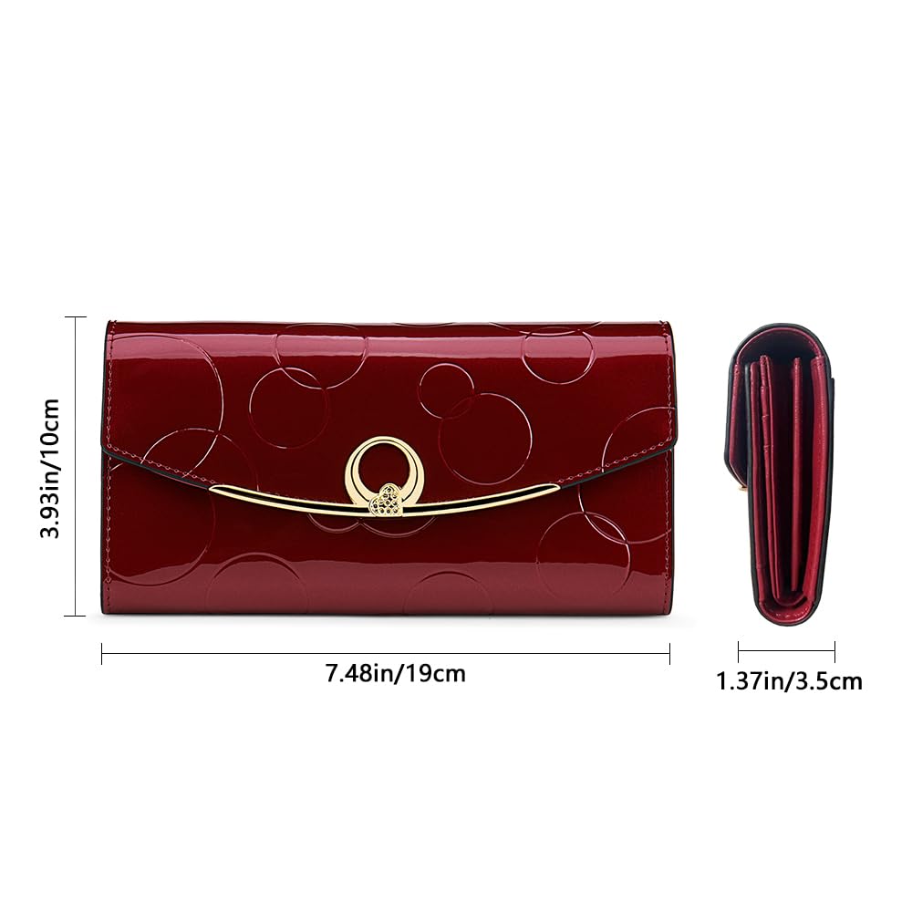 Genuine Leather Women's Wallet - 3 Fold RFID Blocking & Magnetic Closure Anti-Theft Design, Large Capacity with Buckle & Embossed Pattern (Wine Red) | Perfect for Everyday Use, Travel & Gift Giving