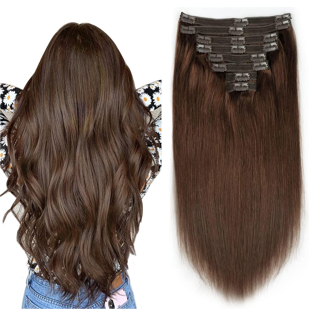Brazilian Virgin Human Hair Clip in Extensions for Women - 8Pcs Straight Remy Hair with 18 Clips & Double Lace Weft (120g, 24inch, #4 Chocolate Brown) - Perfect for Daily Styling, Parties & Special Occasions