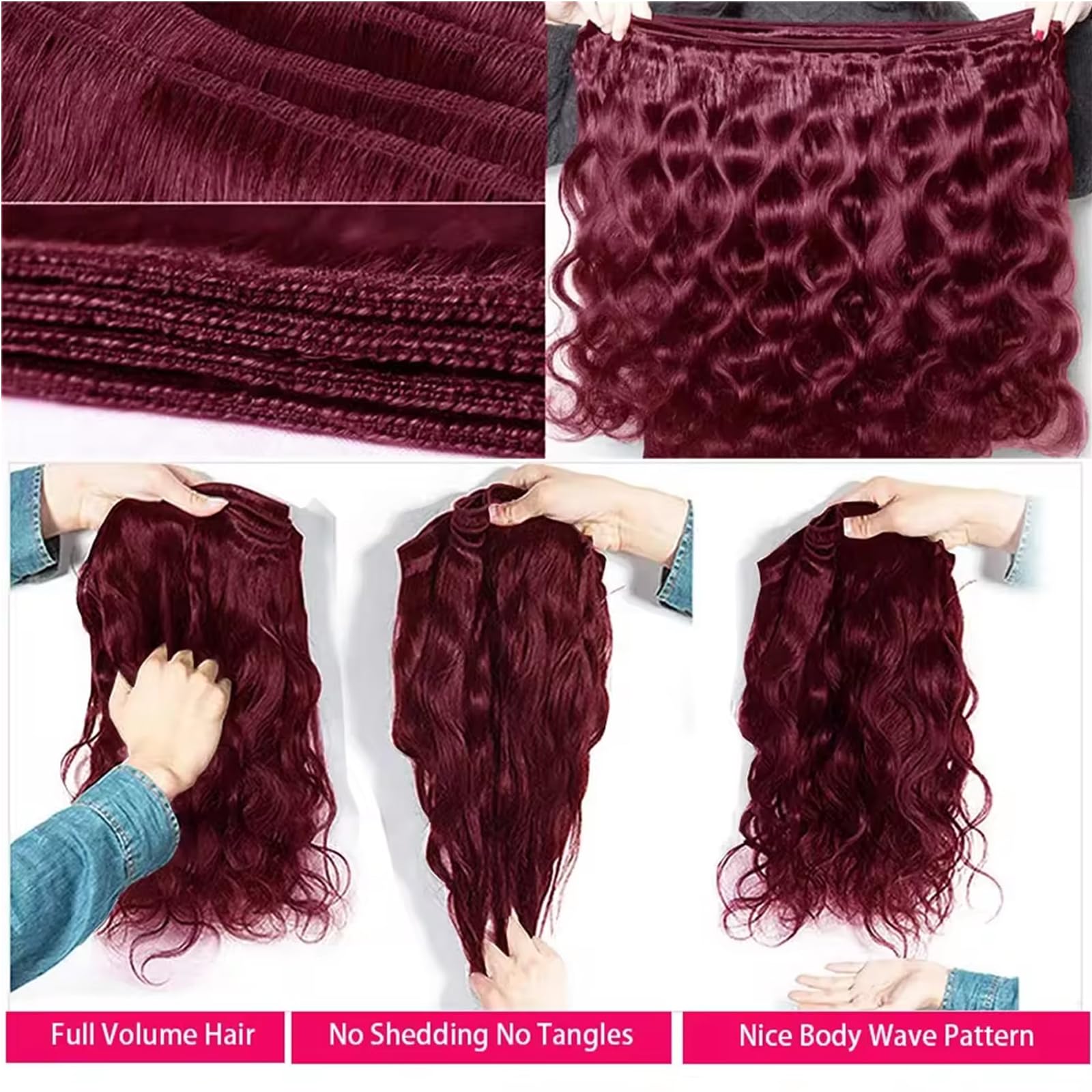 16A 99J Burgundy Body Wave Human Hair Extensions - 22 24 26 Inch Unprocessed Brazilian Virgin Hair Bundles with Baby Hair for Loose Weave | Perfect for Daily Styling, Parties & Special Occasions