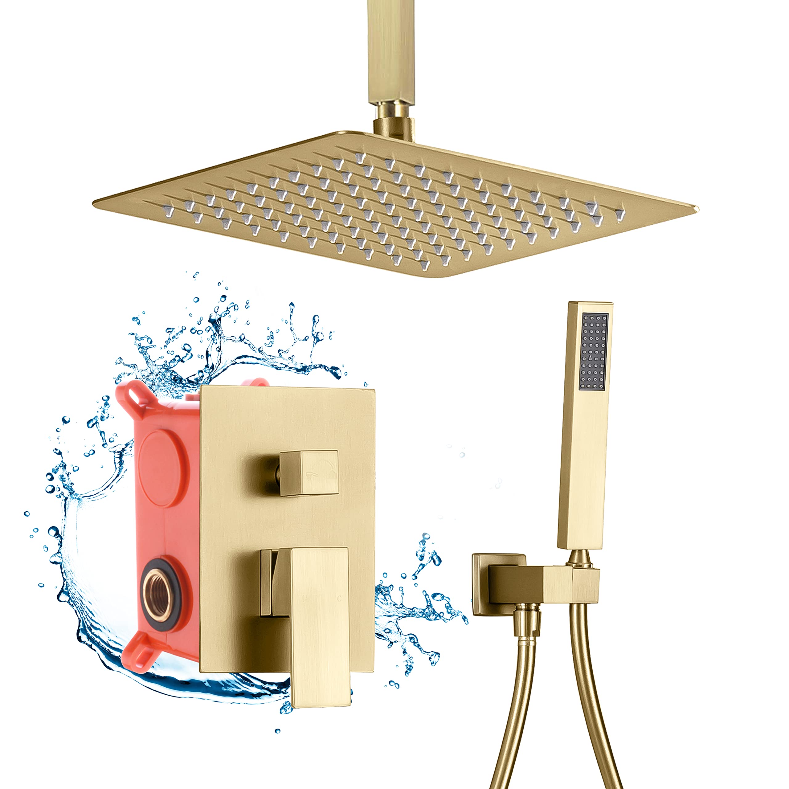 Premium Brushed Gold Shower System - 10 Inch Rain Shower Head & Handheld Spray Combo - Ceiling Mount Bathroom Faucet Set with Rough-in Valve & Trim Kit - Luxury Rainfall Shower Fixtures for Spa-Like Experience