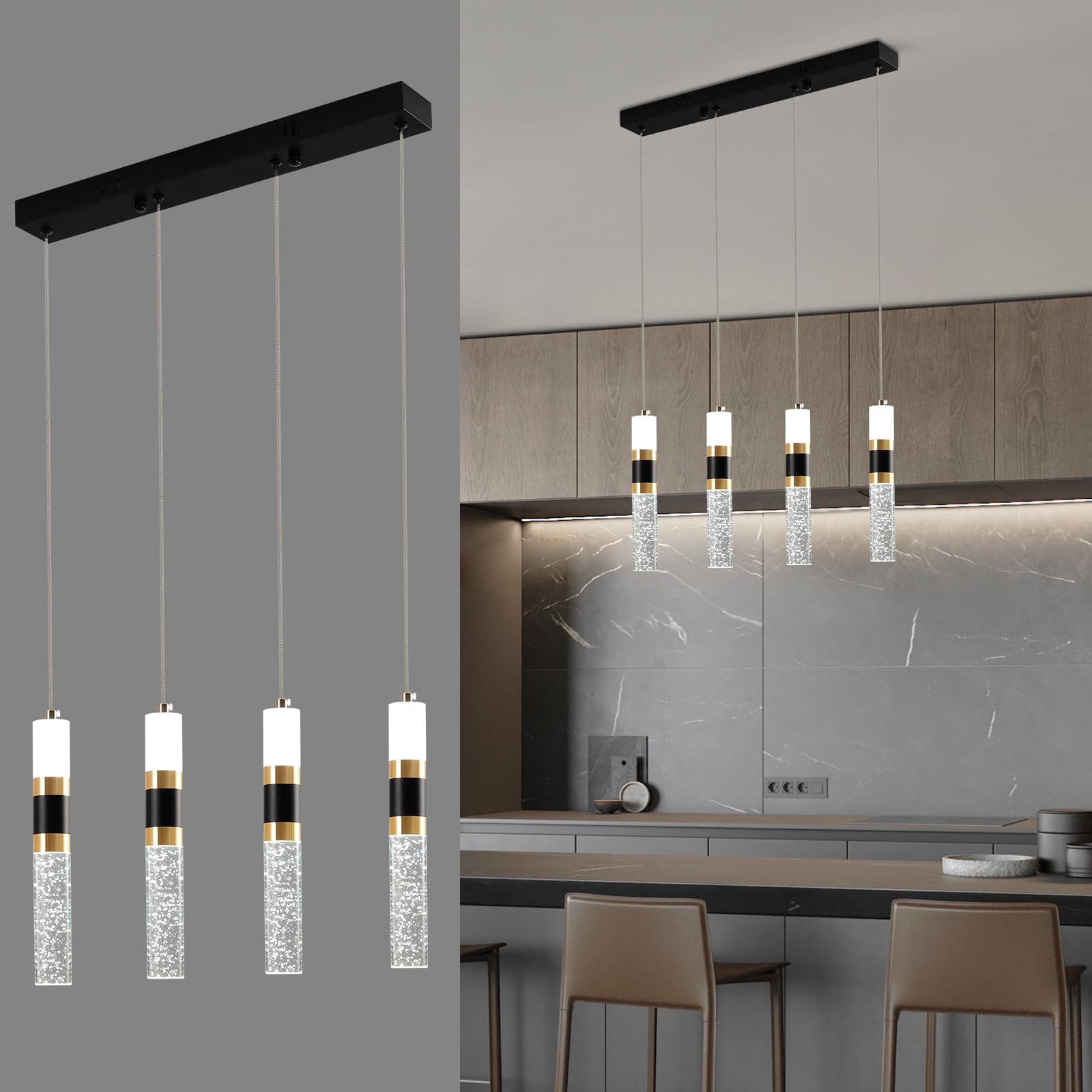 4-Light Dimmable LED Pendant Lighting for Kitchen Island & Dining Room - Modern Adjustable Hanging Lights for Home Decor & Restaurant Ambience