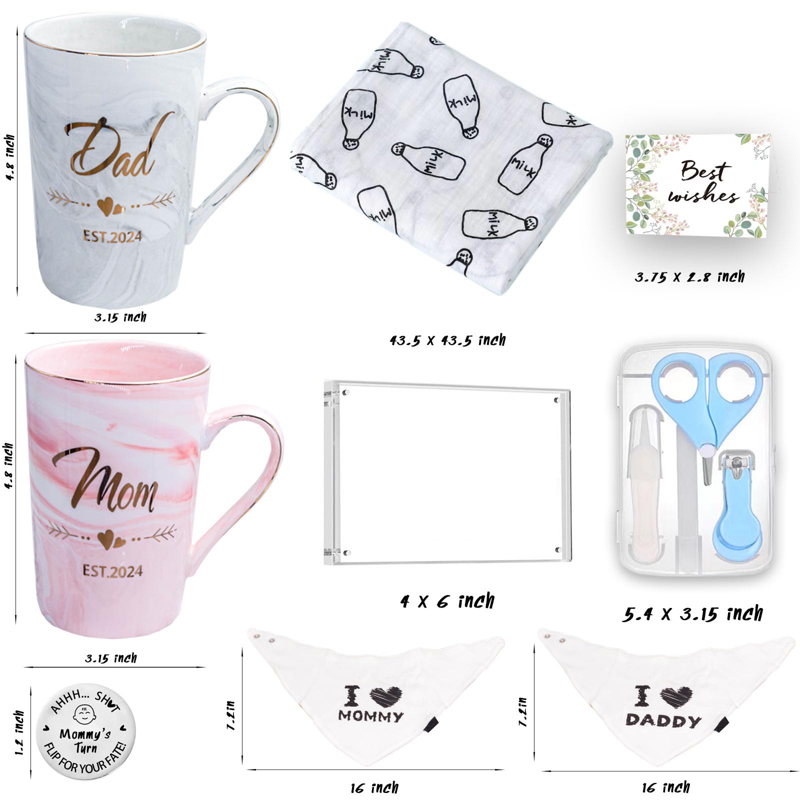 Pregnancy Gift Basket for New Parents - Baby Shower & Gender Reveal Gifts Set with Mugs, Ultrasound Frame, Decision Coin, Nail Kit, Bibs & Swaddle - Perfect First Time Mom & Dad Gifts EST 2024 | Ideal for Baby Announcements, Newborn Celebrations and Parenting Milestones