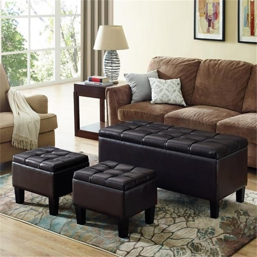 3 in 1 Leather Storage Ottoman Bench with Lift Top - Large Hidden Storage Footrest & Hassock - Dark Brown Queen Size End of Bed Bench for Blankets & Bedding - Perfect for Living Room, Bedroom & Home Organization