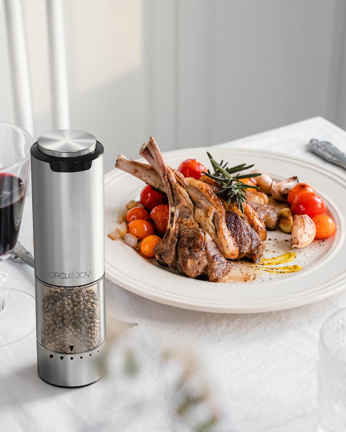 Rechargeable Electric Salt and Pepper Grinder Set with Adjustable Coarseness - Stainless Steel Pepper Mill with LED Light & 95ml Washable Container - Perfect for Kitchen, Dining Table, Camping & Gifting (Silver)