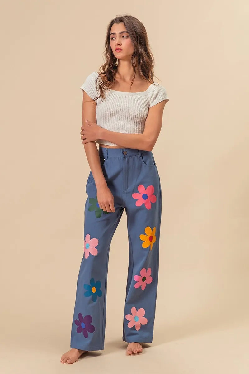 BiBi Floral Print Straight Leg Pants for Women - Casual & Comfortable Trousers for Everyday Wear, Office, and Outings