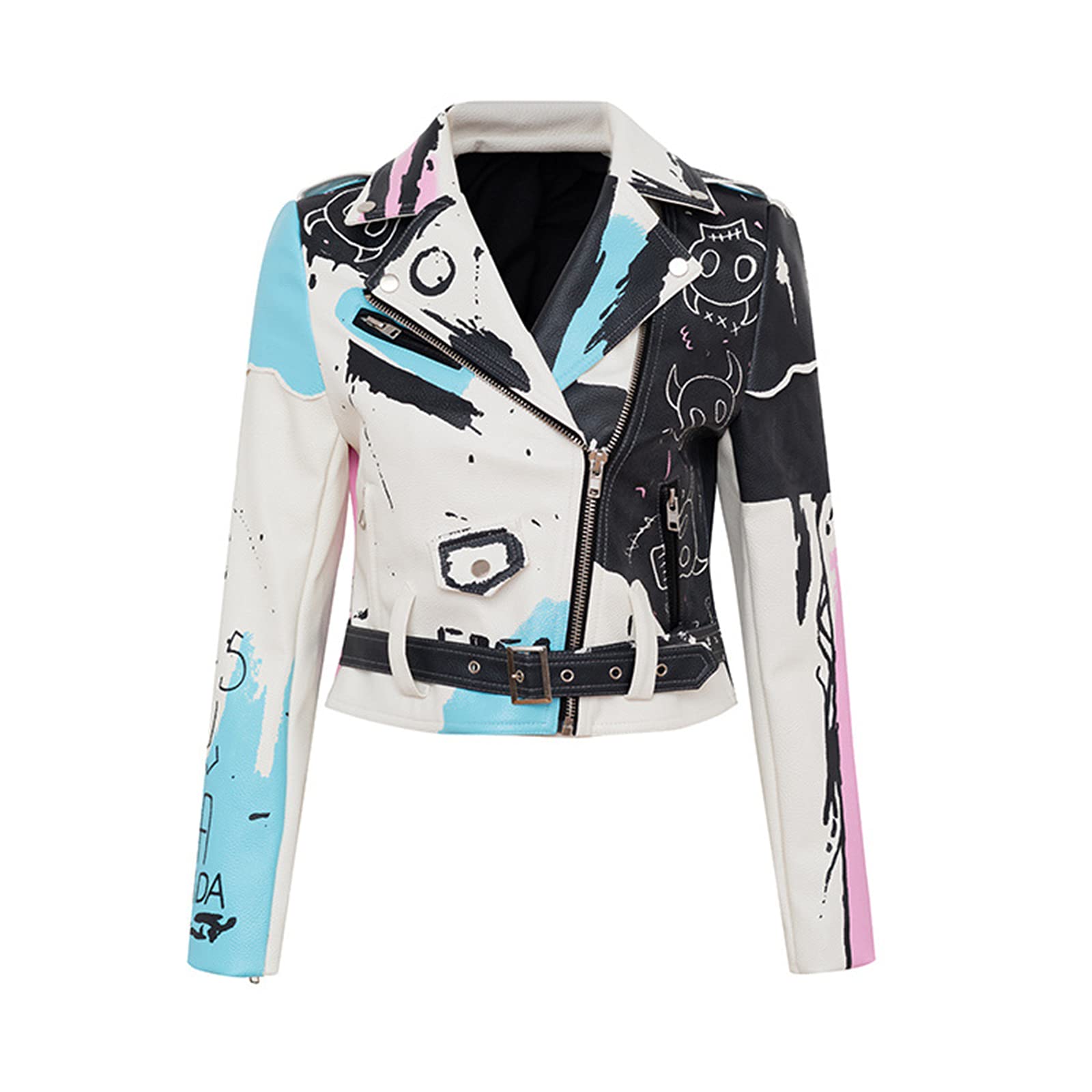 Punk Rock Women's Leather Motorcycle Jacket - Vintage Graffiti Print Biker Coat for Women | Perfect for Concerts, Motorcycle Rides & Street Fashion