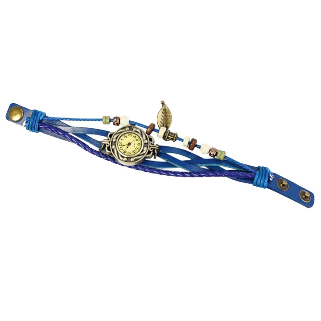 Vintage Leaf Wrap Quartz Watch for Women & Men - Blue Leather Bracelet with Beaded Weave Design | Perfect for Casual, Office & Special Occasions