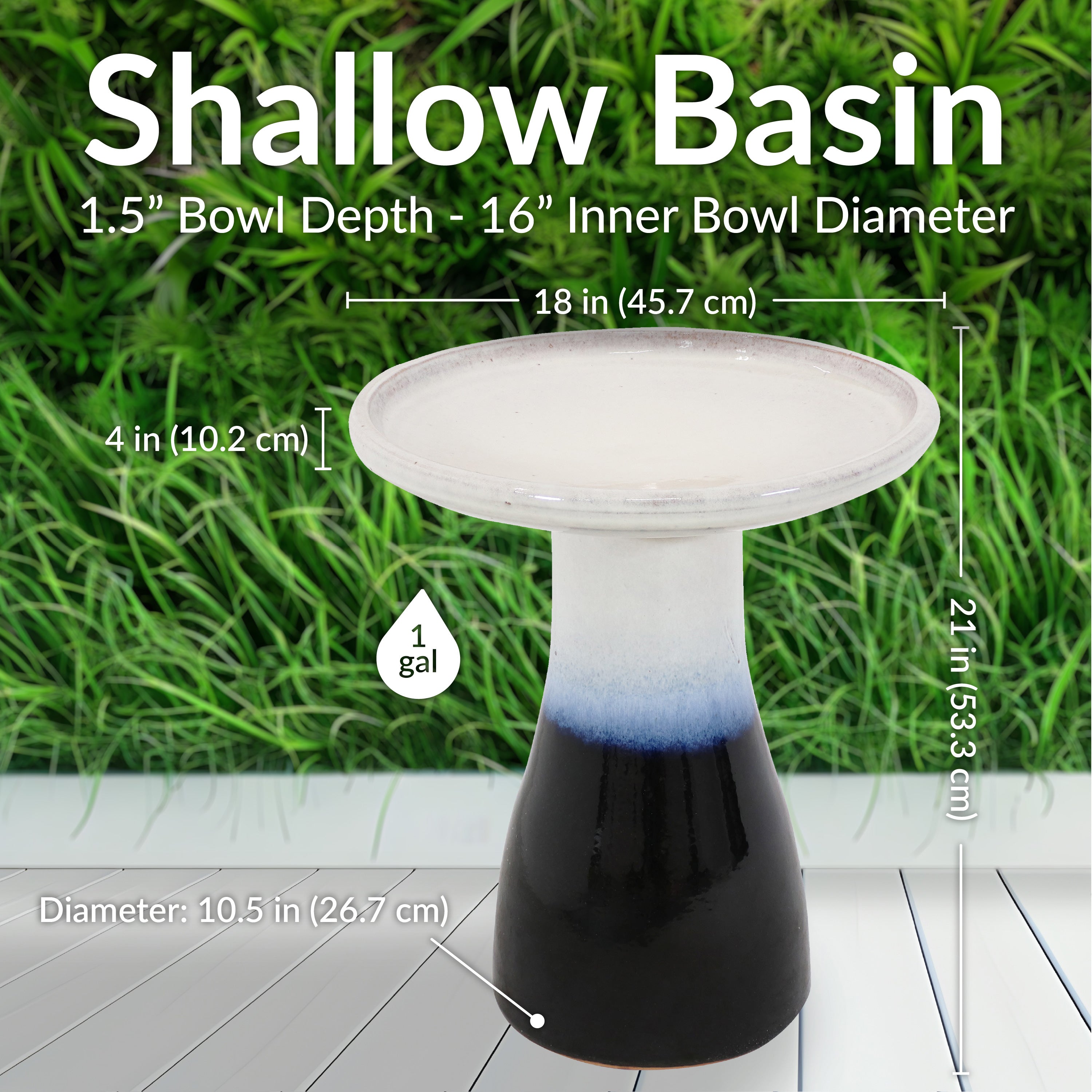 Sunnydaze 18 Inch Glazed Ceramic Outdoor Bird Bath - Garden Decor for Attracting Birds & Enhancing Outdoor Spaces