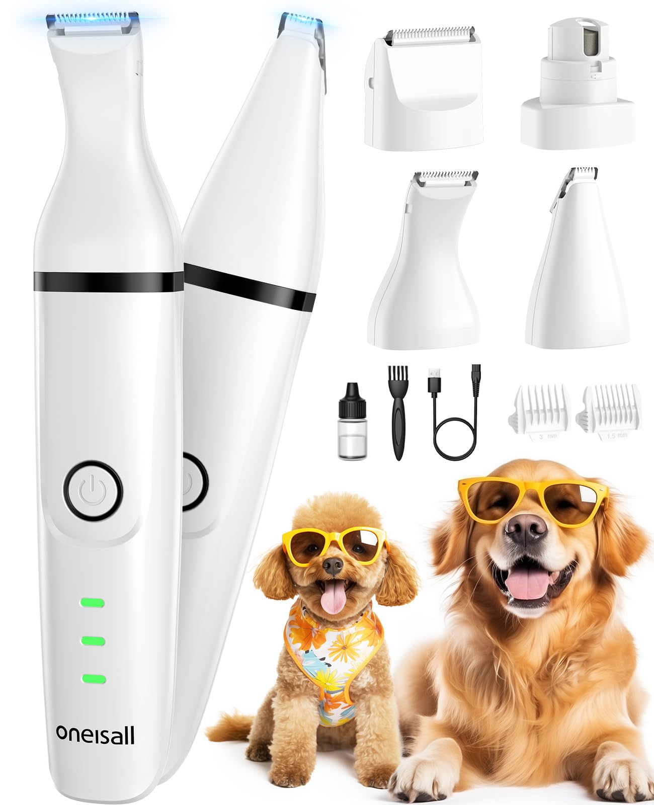Oneisall 4-in-1 Cordless Dog Grooming Kit - 2-Speed Clippers, Low Noise Paw Trimmer & Rechargeable Quiet Nail Grinder for Dogs and Cats (White) | Perfect for Home Pet Grooming, Professional Trimming & Gentle Nail Care