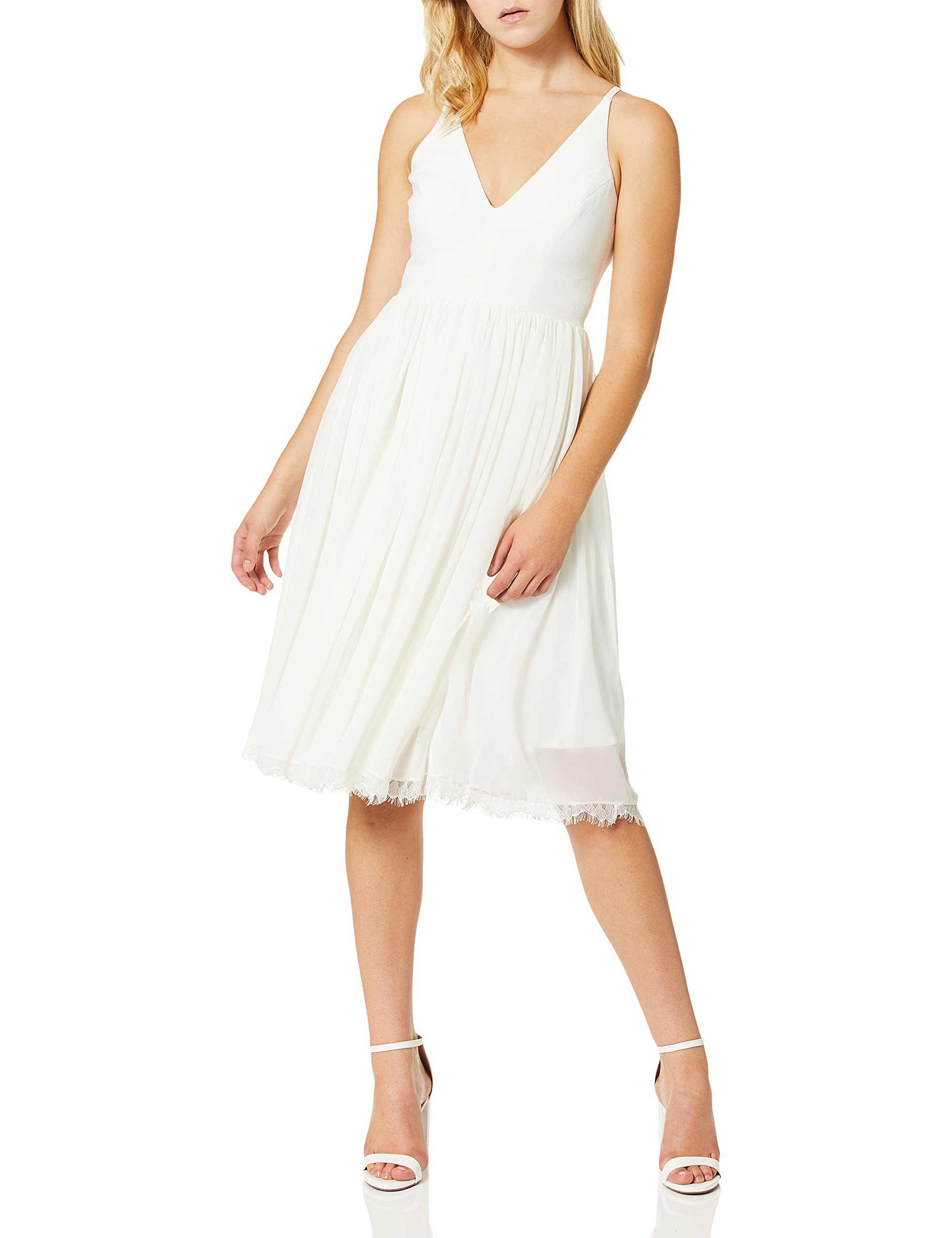 Dress the Population Alicia Plunging V-Neck Sleeveless Fit & Flare Midi Dress for Women | Mix Media Cocktail Party & Wedding Guest Dress