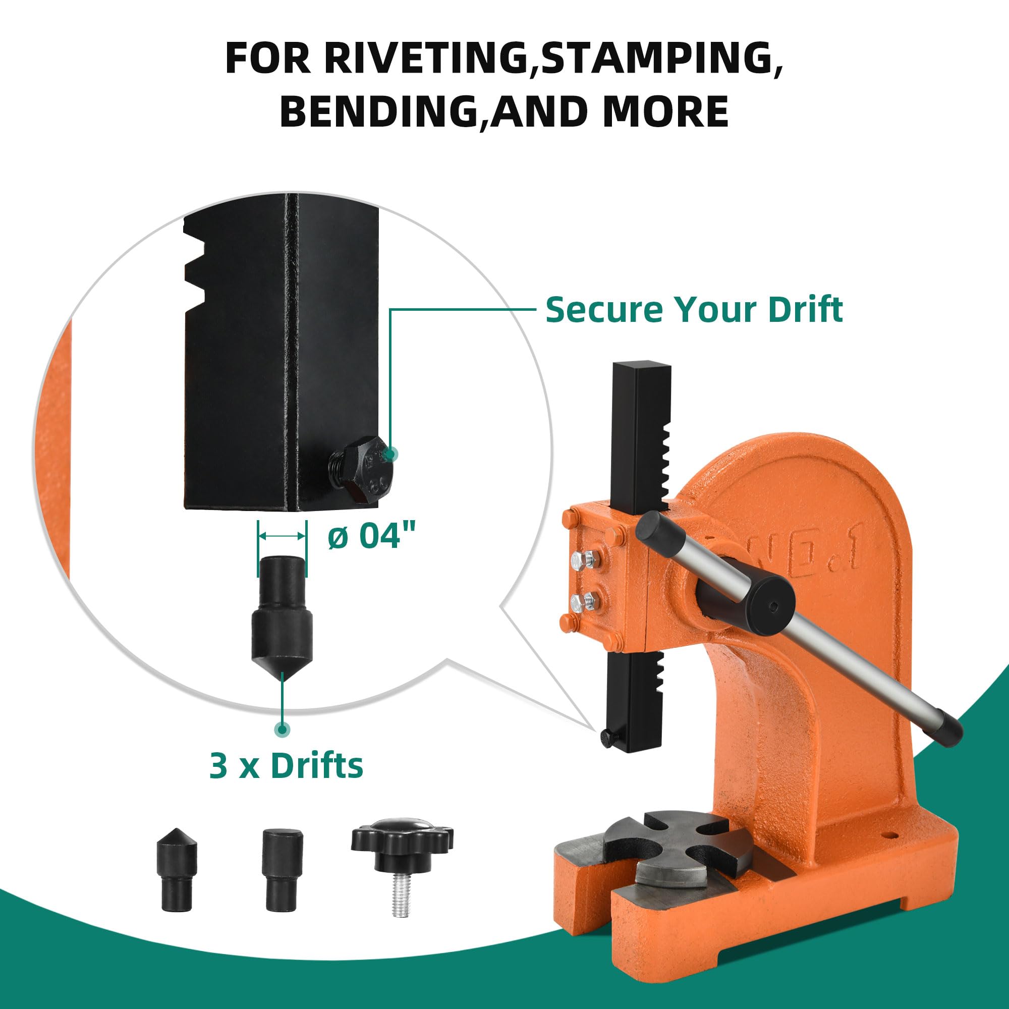 1 Ton Heavy Duty Manual Arbor Press - 5.5 Inch Max Height, Cast Iron Desktop Press Machine for Riveting & Punching | Perfect for Metalworking, Jewelry Making & DIY Projects (Orange)