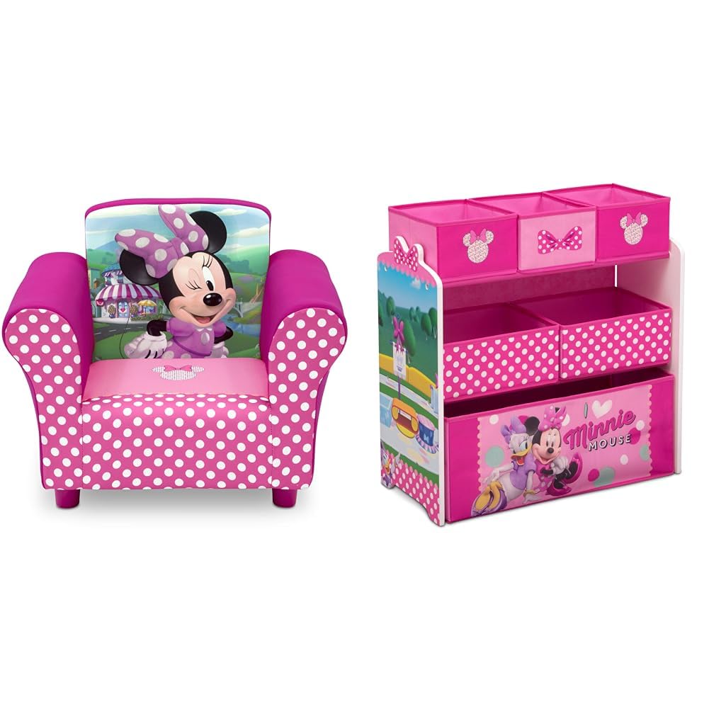 Disney Minnie Mouse Kids Upholstered Chair with 6-Bin Toy Storage Organizer Set - Soft Pink Plush Chair & Toy Box for Girls' Bedroom, Playroom, or Nursery - Delta Children UP83517MN Collection