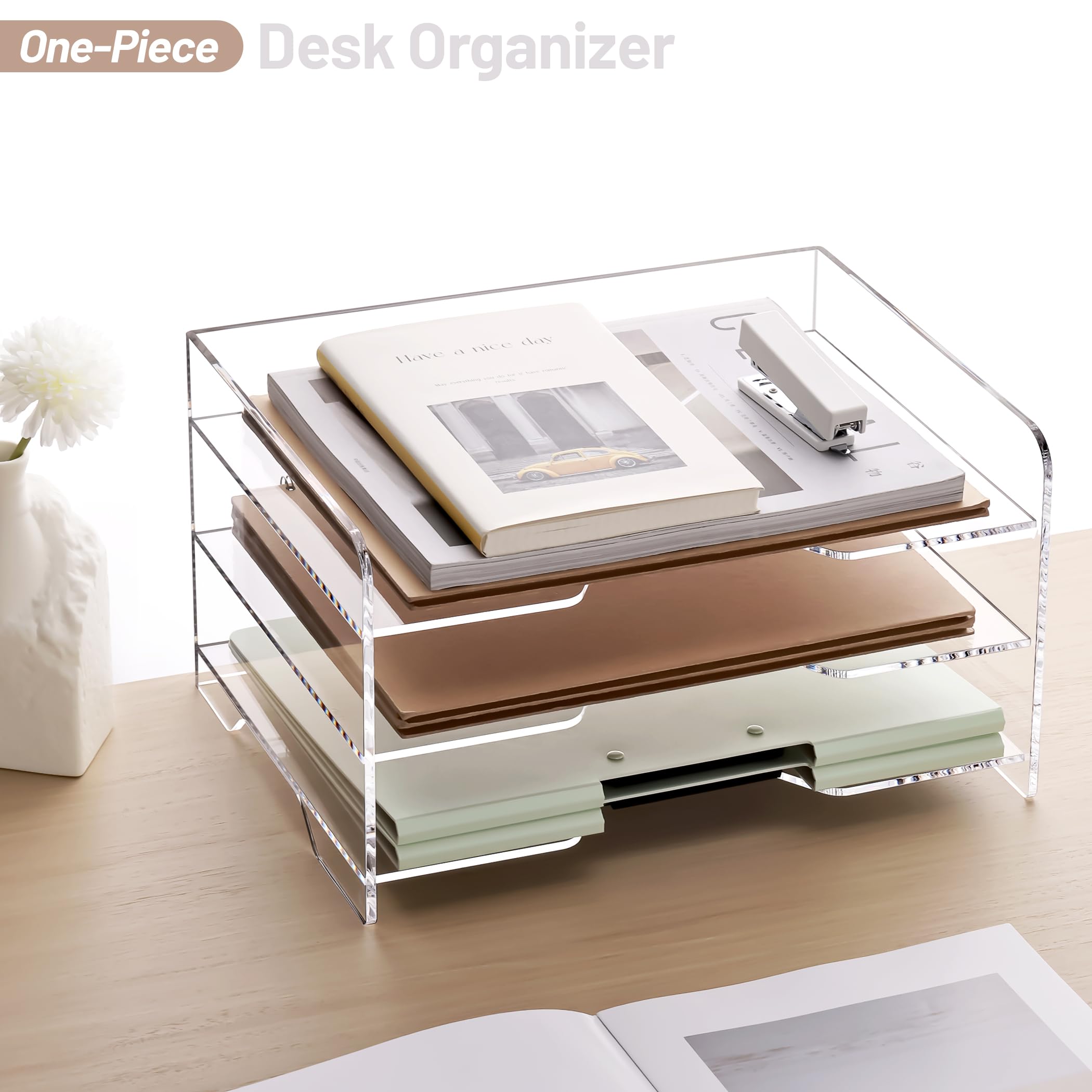 SANRUI 3-Tier Acrylic Desk File Organizer with Handle - Letter/A4 Paper Tray for Office Organization - Clear Desktop Document Sorter for Mail, Bills, and Office Supplies (Perfect for Home Office, School, and Workspace Organization)