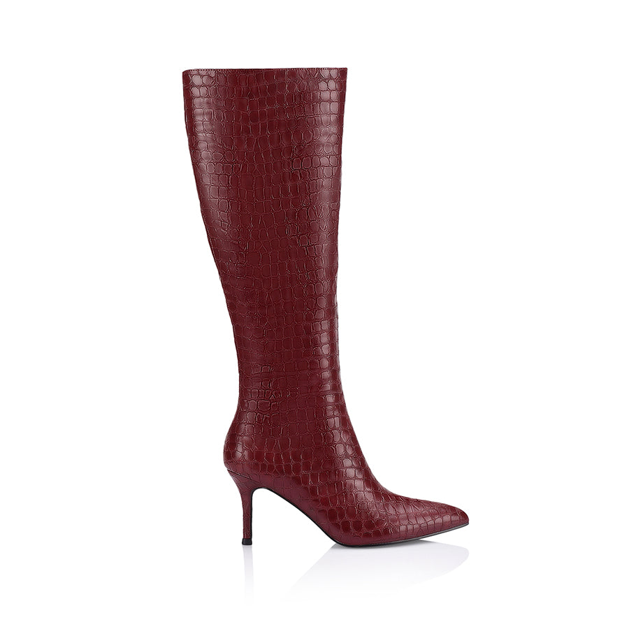 Bessie Women's Knee High Tall Boots in Wine Croc Embossed Leather - Stylish Winter & Fall Fashion for Casual Outfits and Office Wear