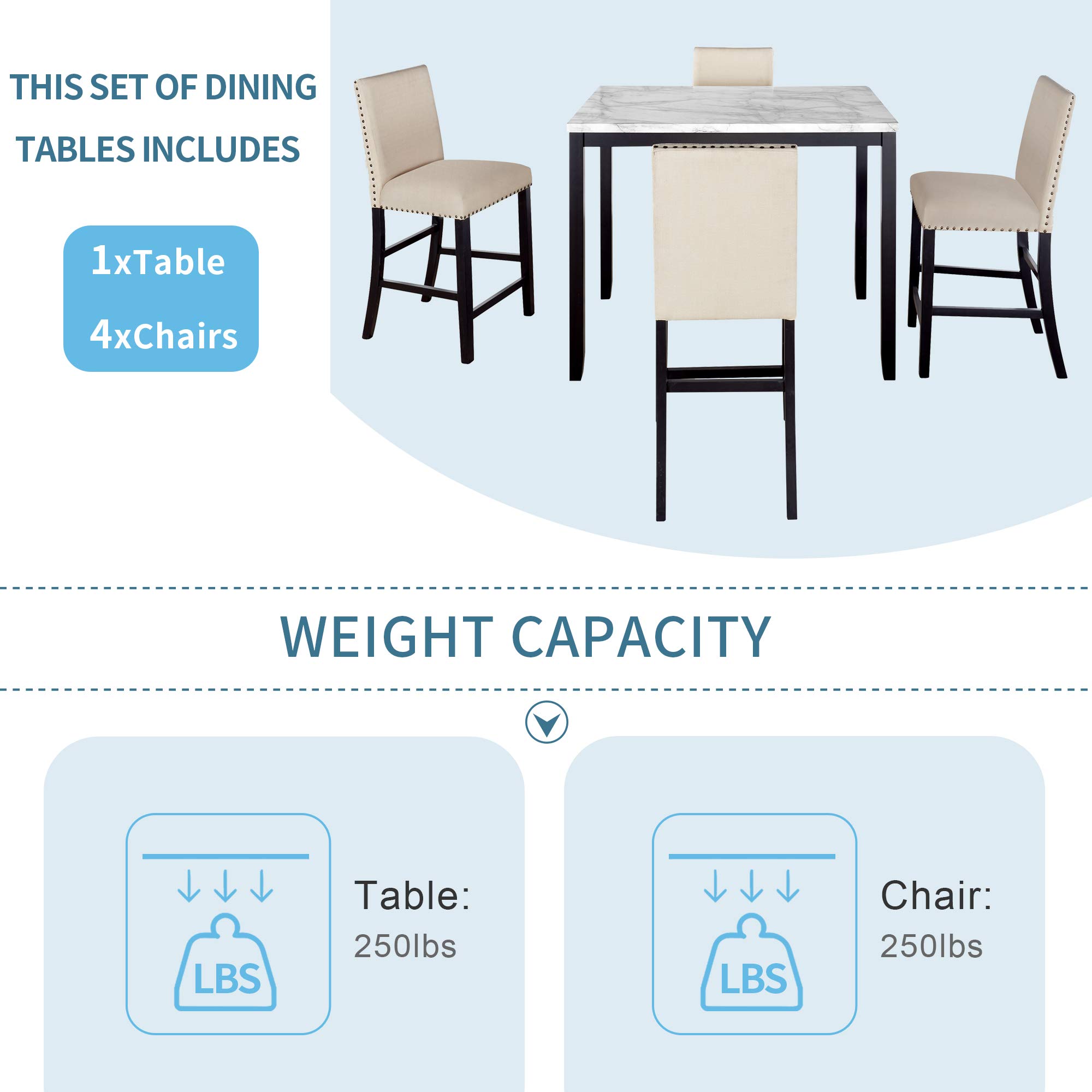 5-Piece Modern Counter Height Dining Set with High-Back Chairs & Marble Veneer Table - Beige Fabric Kitchen Pub Table for Small Spaces, Breakfast Nooks & Apartment Dining | Perfect for Entertaining, Family Meals & Compact Homes