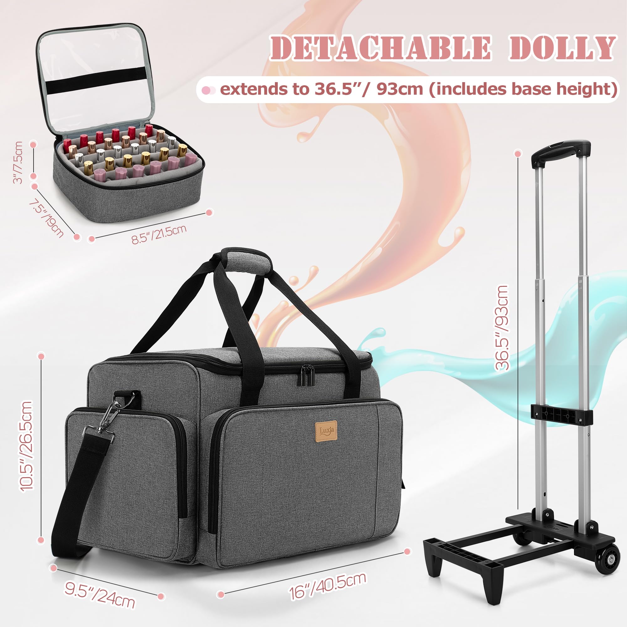 Luxja Portable Nail Polish Organizer Bag with Wheels - Holds 90 Bottles & Nail Lamp, Detachable Trolley Storage Case for Salon & Home Use (Grey) | Perfect for Professional Nail Technicians & DIY Manicures