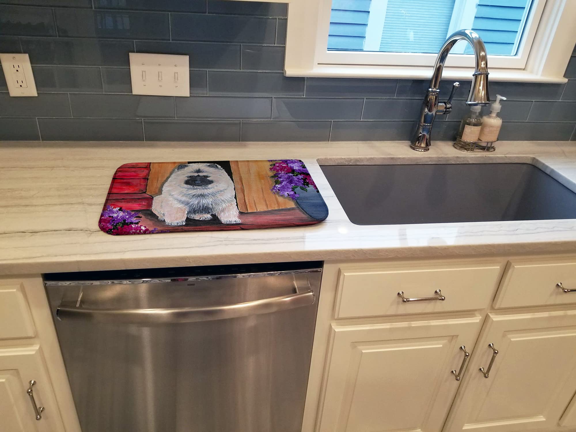 Keeshond Dog Themed Absorbent Dish Drying Mat - 14x21 Inch Multicolor Kitchen Counter Drying Pad | Perfect for Countertop Protection & Quick Dish Drying