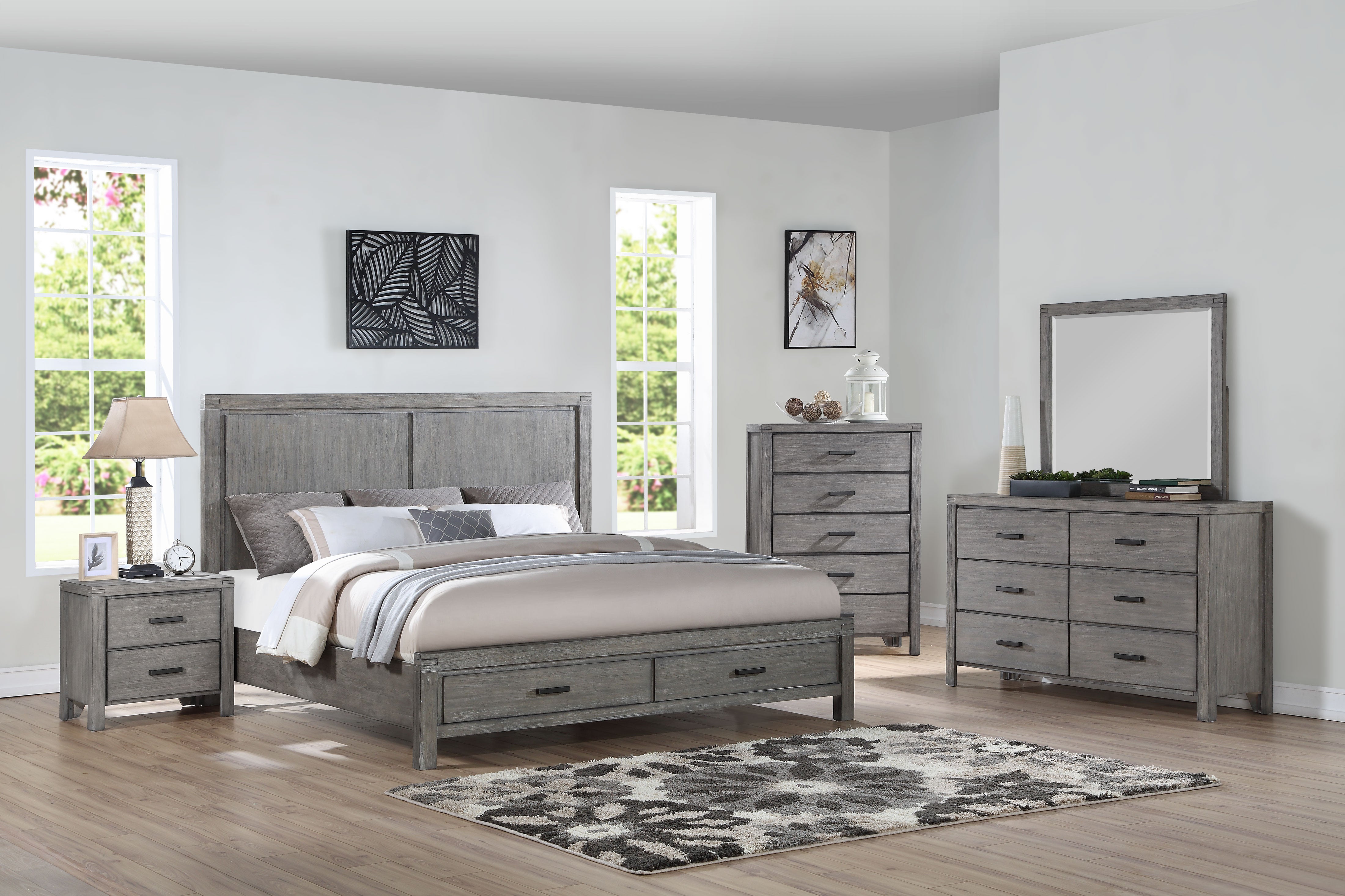 Copeland 6-Piece King Size Storage Bedroom Set - Wire Brushed Grey Finish - Complete Bedroom Furniture for Master Bedroom & Guest Room Organization