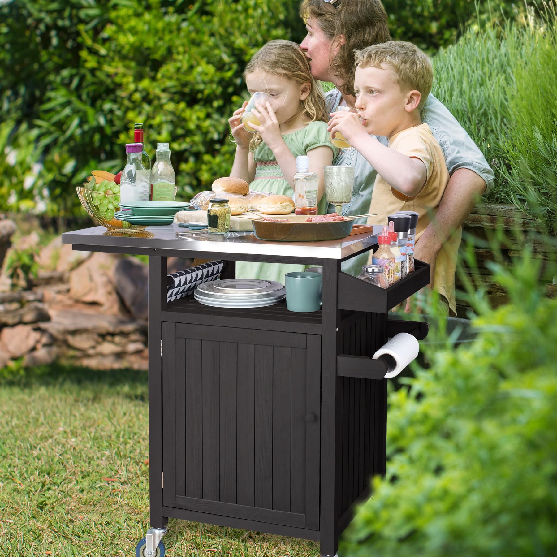 Portable Solid Wood Outdoor Grill Cart with Stainless Steel Top & Spice Rack - Movable BBQ Cooking Table with Storage for Patio, Garden, Backyard & Camping - Perfect for Grilling, Entertaining & Outdoor Dining