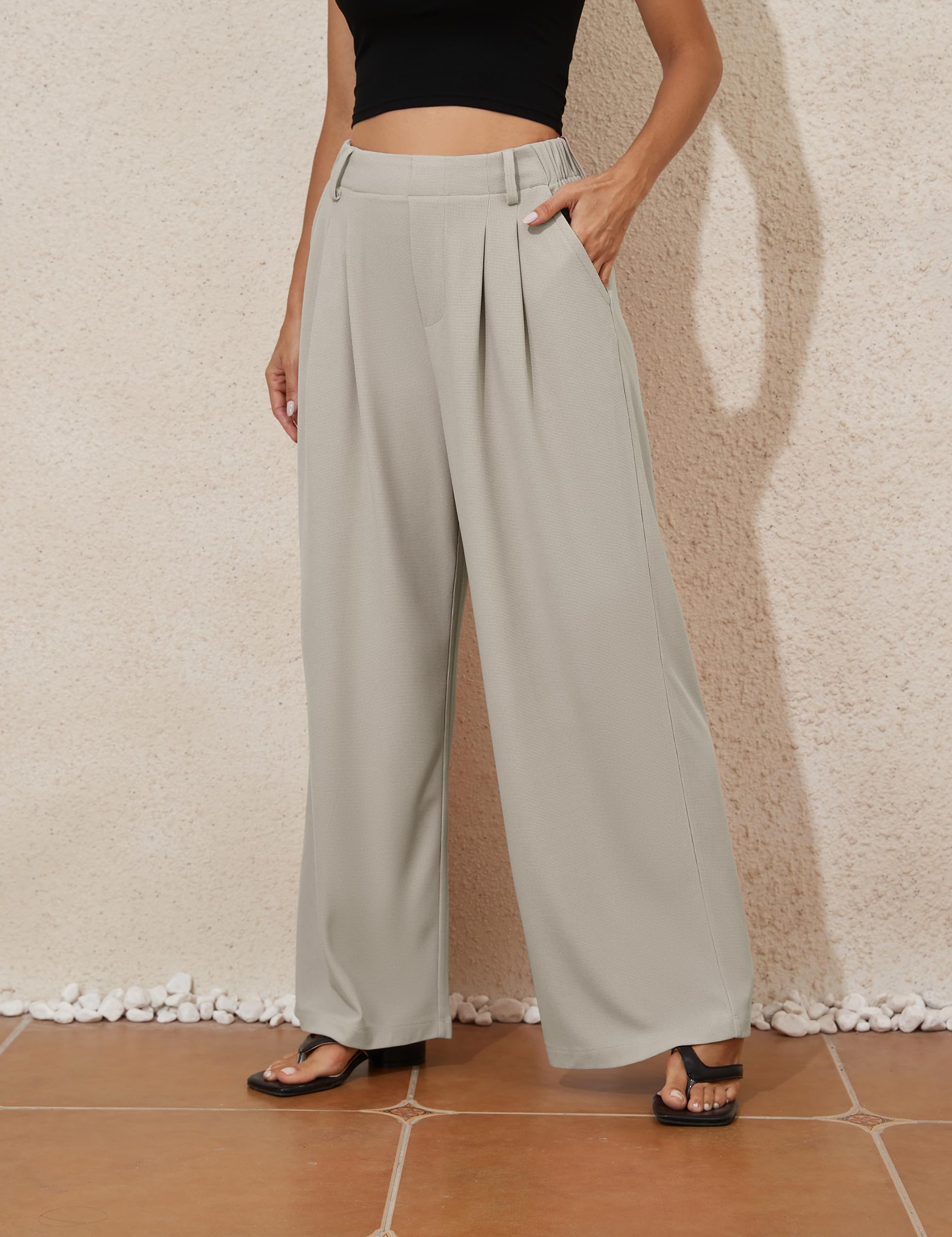 Kayamiya Women's High Waisted Elastic Waist Wide Leg Waffle Pants - Business Casual Work Pants with Pockets for Summer | Office Wear, Lounge, Travel & Everyday Comfort