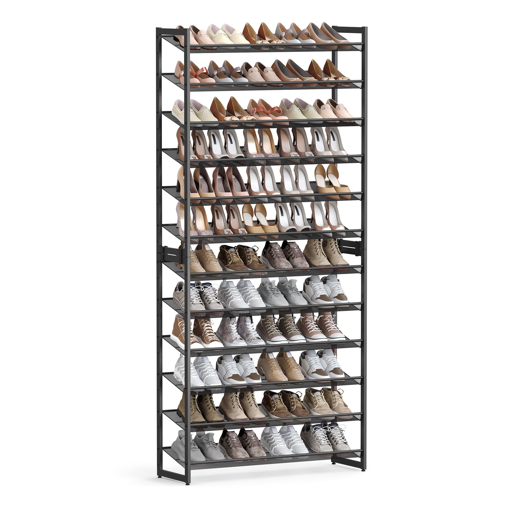SONGMICS 12-Tier Metal Shoe Rack Organizer - Stackable Shoe Storage Shelf for Entryway, Garage & Closet - Adjustable Flat/Angled Shelves Holds 48-60 Pairs (Set of 2, Black ULMR12B) - Perfect for Small Spaces & Shoe Collection Organization