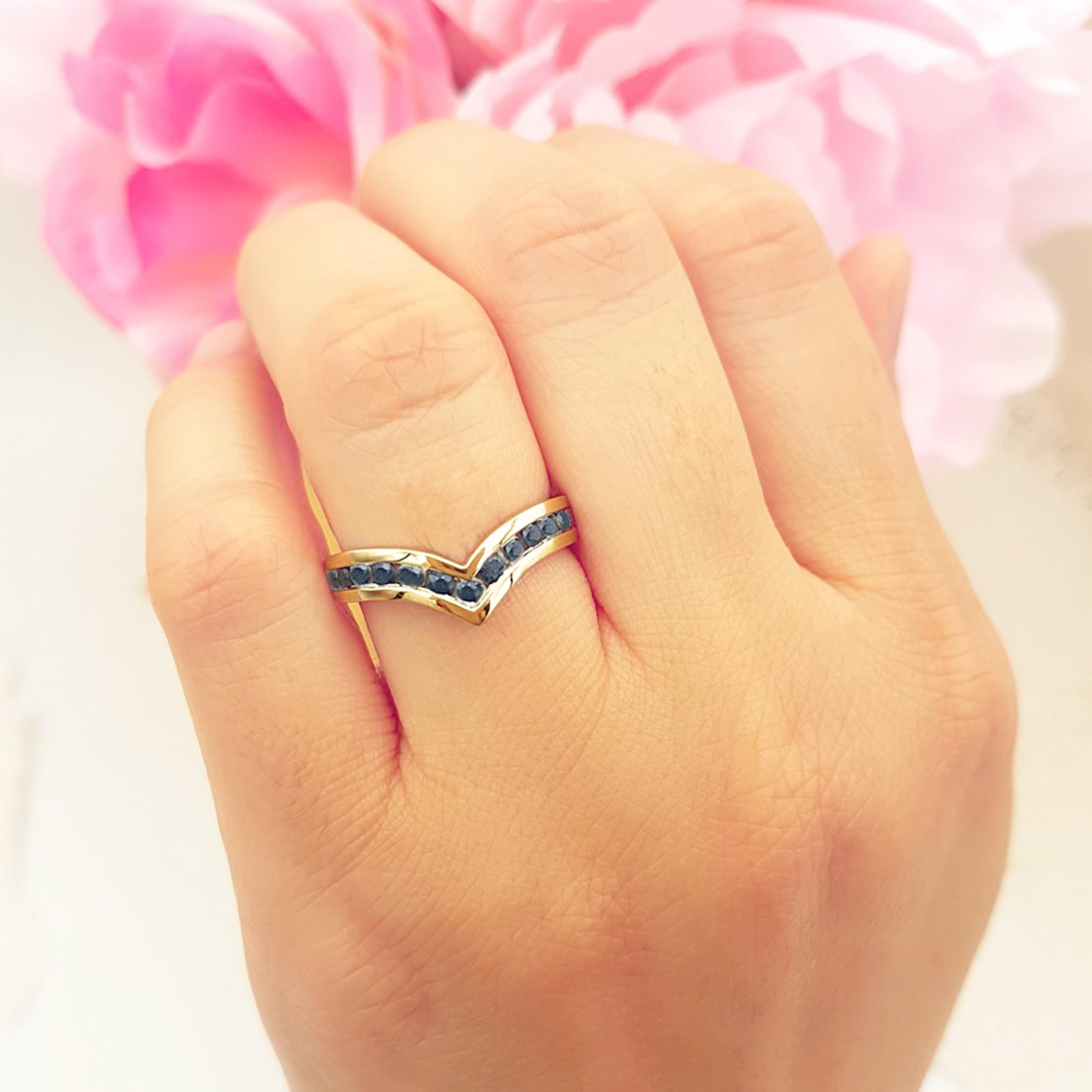 14K Gold Blue Sapphire Chevron Band for Women - Anniversary Gift for Her