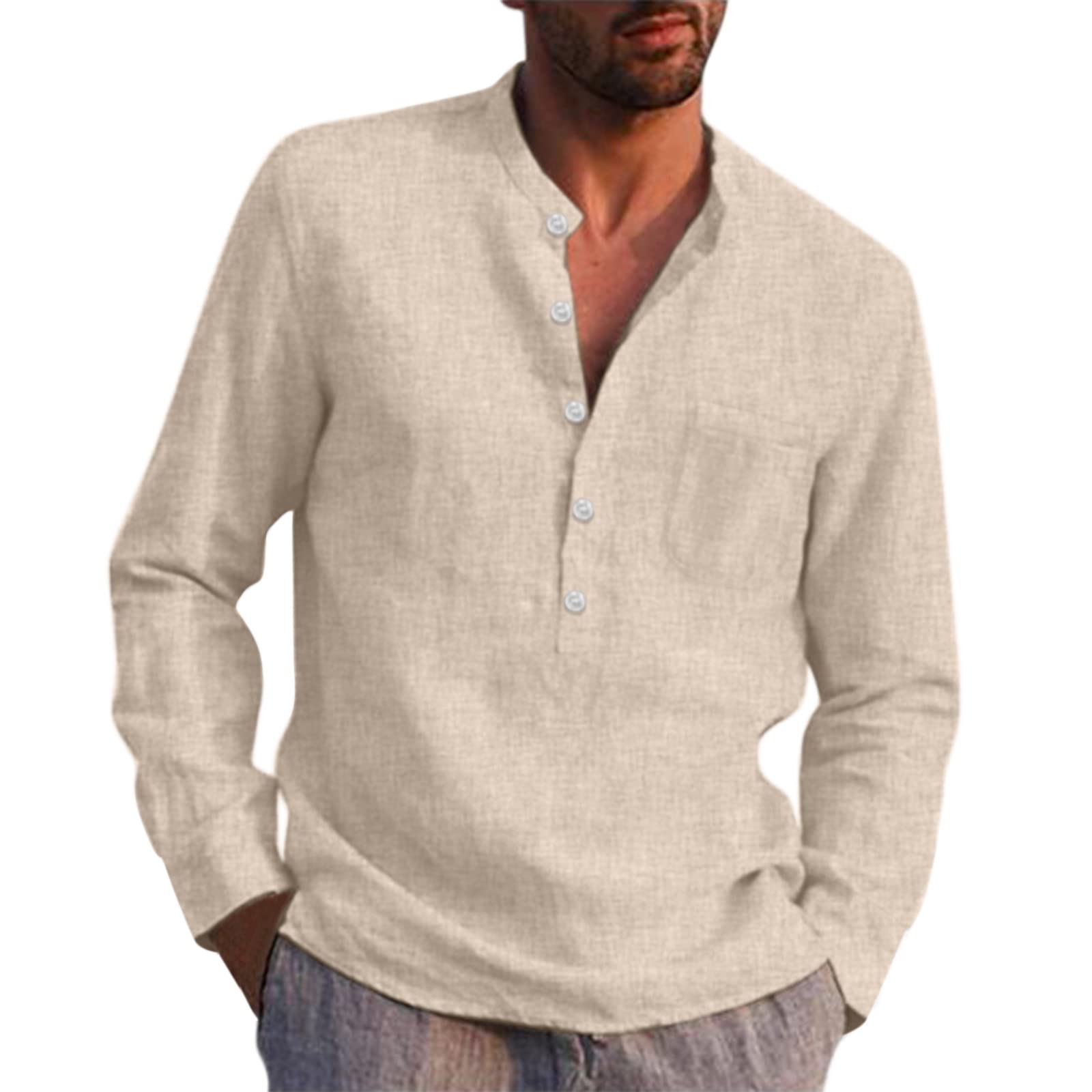Men's Long Sleeve Linen Shirt - Solid Color Casual Button Down Shirt with Round Neck, Loose Fit Beach Top for Summer Outings, Travel & Outdoor Activities