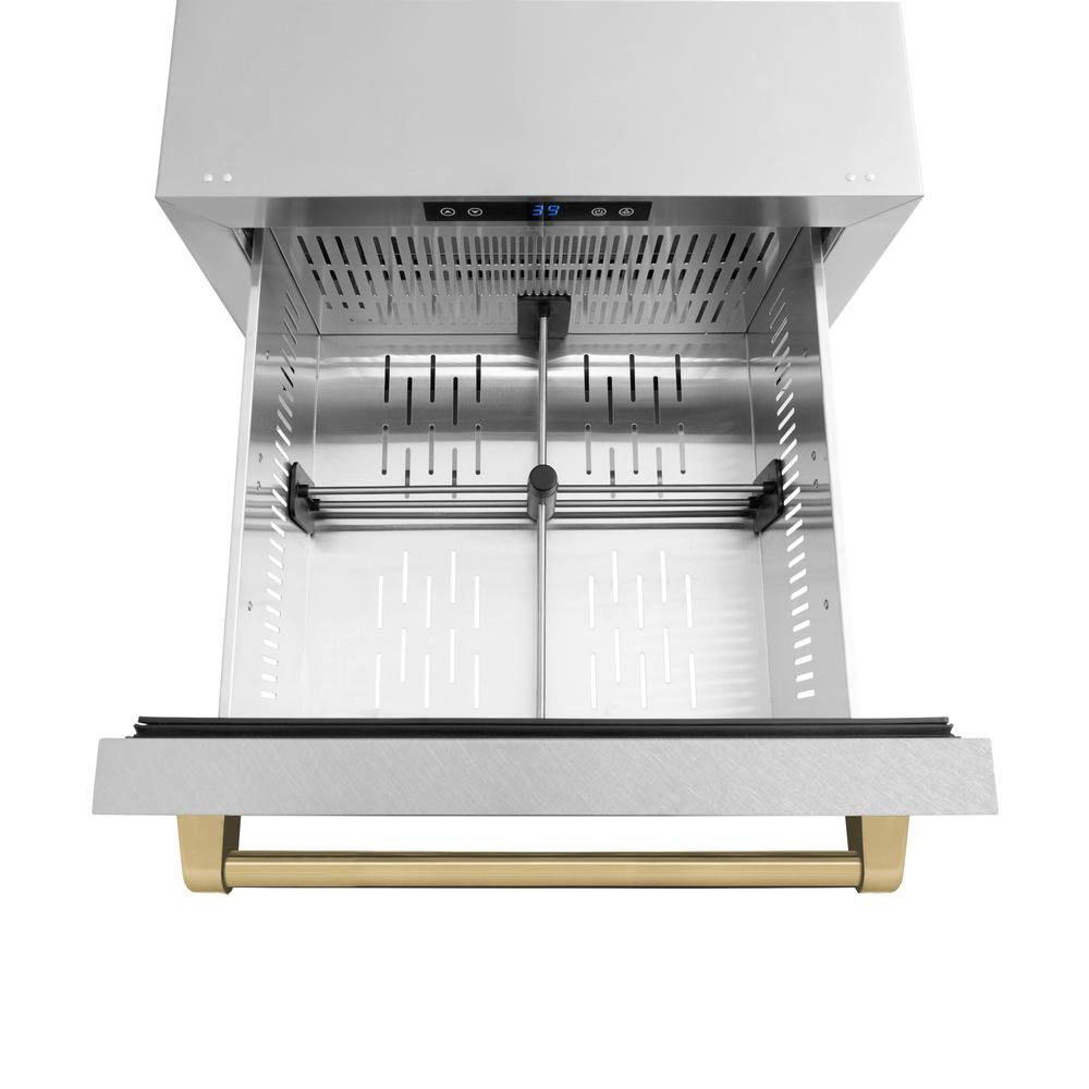 ZLINE Autograph Edition 24-inch Outdoor Rated Dual Refrigerator Drawer with Satin Stainless Steel Doors & Champagne Bronze Handles - 168 Can Capacity (RDSOZ SN 24 CB) | Perfect for Outdoor Kitchens, Patio Bars & Entertaining Spaces