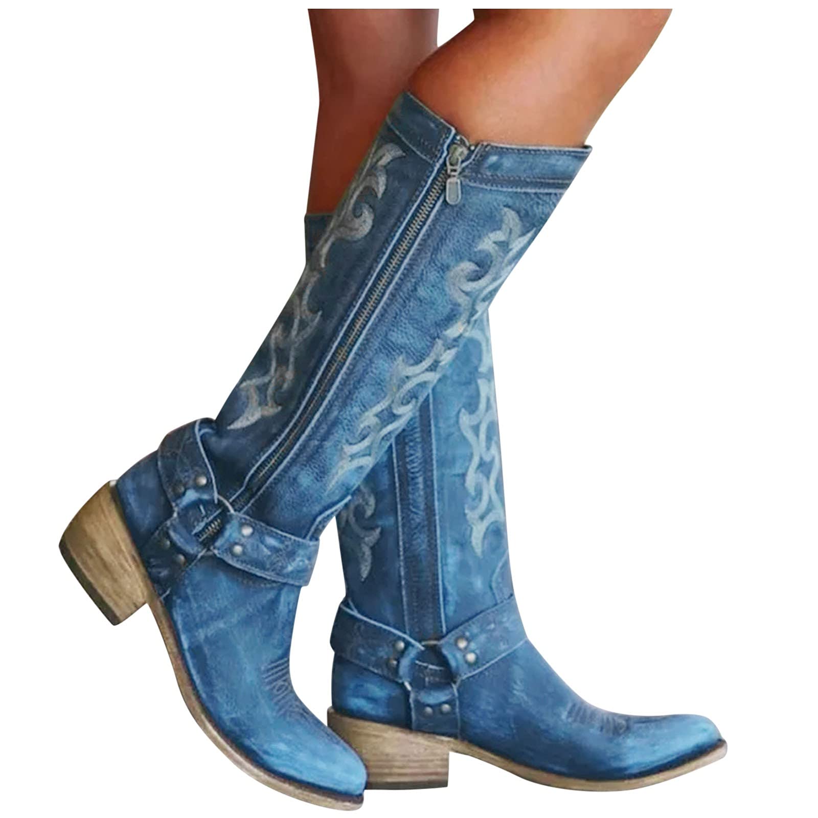 Vintage Women's Square Heel Boots with Zipper & Embroidery - Warm Winter Round Toe Shoes for Casual Outfits & Holiday Parties