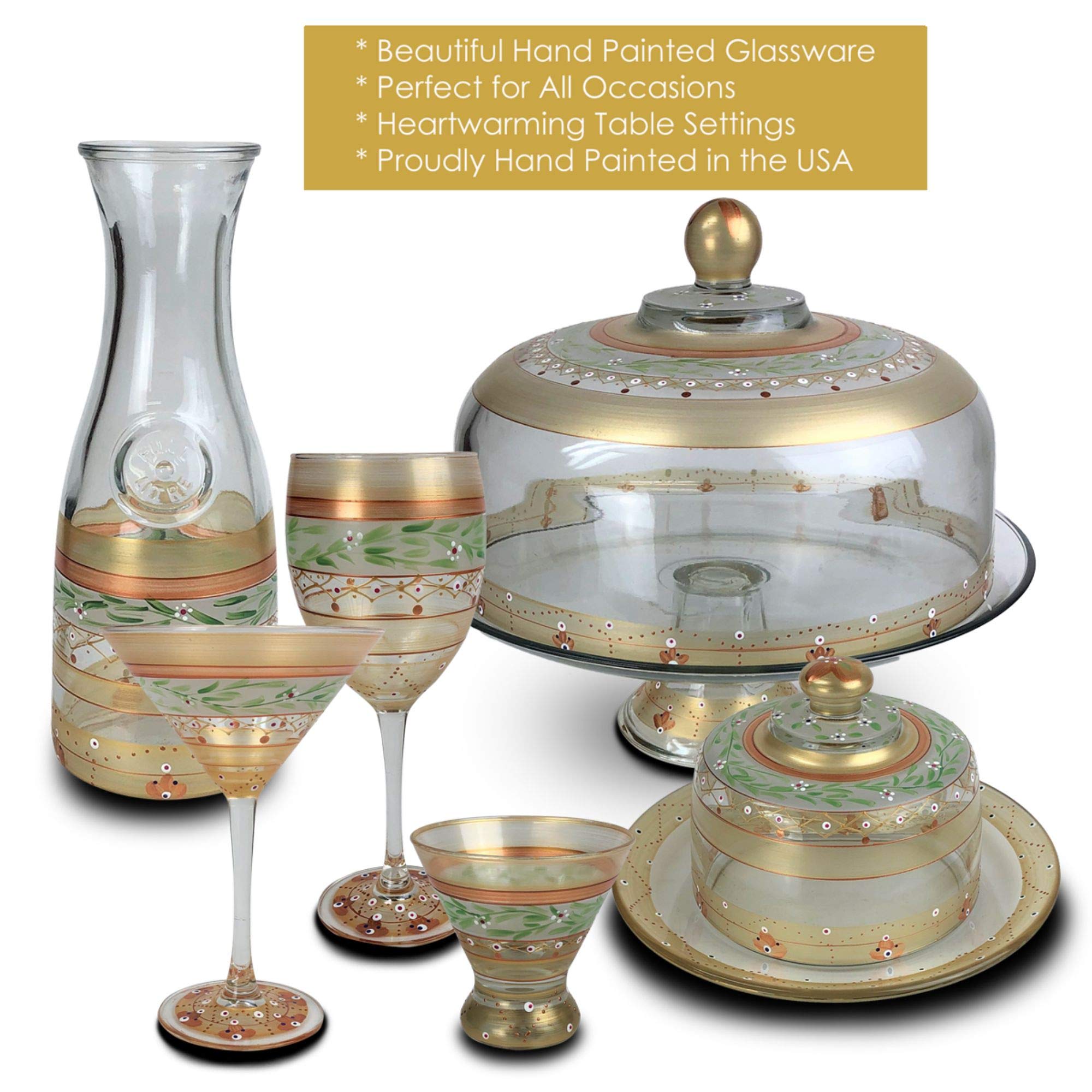 Hand Painted Mosaic Gold Garland Wine Glasses Set of 2 - 10.5 oz Stemware for Parties, Weddings & Home Decor - Elegant Drinking Glasses for Wine Tasting & Gifts