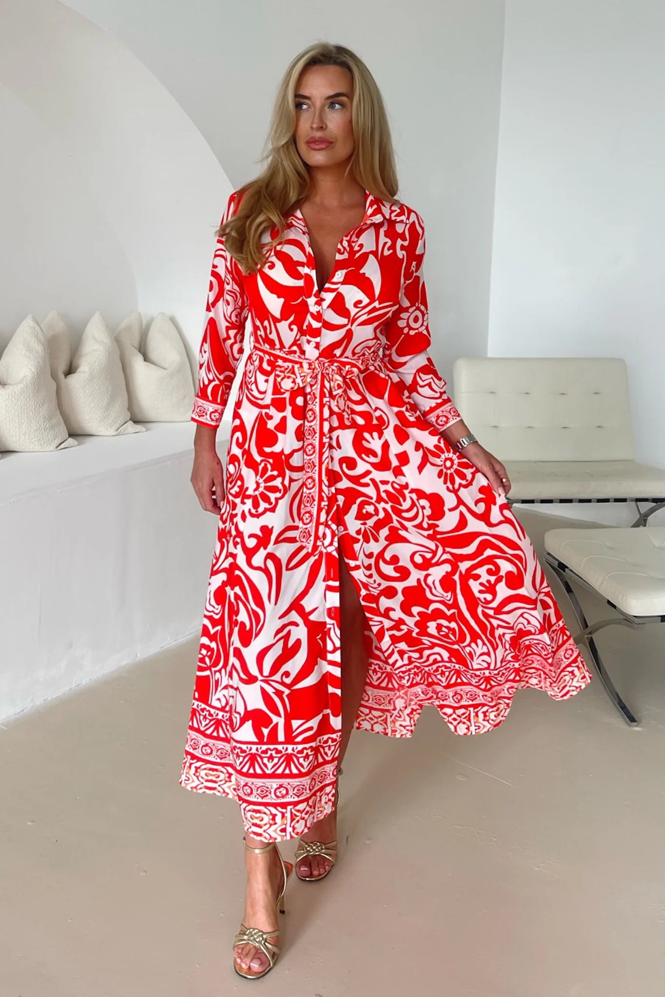 Angela Maxi Dress with Floral Print - Women's Long Sleeve Flowy Shirt Dress in Red - Perfect for Casual Wear, Office Outfits and Special Occasions