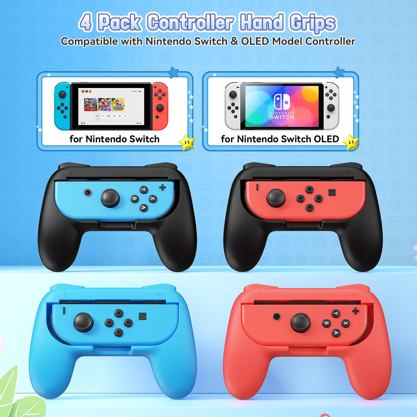 FASTSNAIL 4 Pack Joy Con Grip Kit for Nintendo Switch & OLED Model - Wear-Resistant Controller Grips with 12 Thumb Grips - Perfect for Gaming, Travel & Long Play Sessions