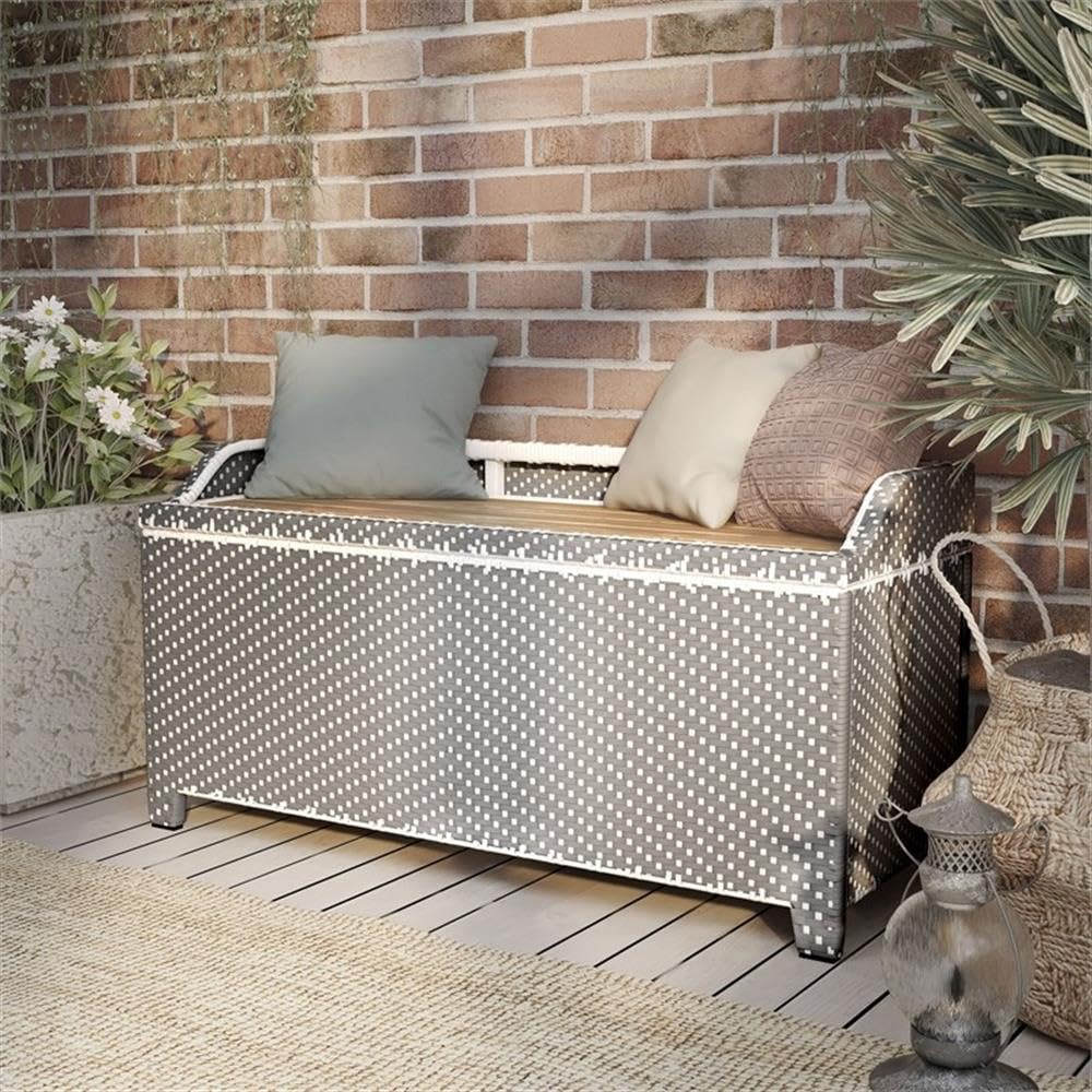 Azur Gray Outdoor Wicker Metal Storage Bench - Weather-Resistant Poolside Furniture with Storage for Patio, Garden & Backyard Decor