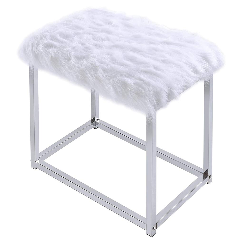 Elegant Glass Makeup Vanity Table Set with Mirror & White Faux Fur Stool - Chrome Dressing Table with Storage Shelf & Makeup Organizer - Perfect for Bedroom, Dressing Room & Beauty Salon Decor