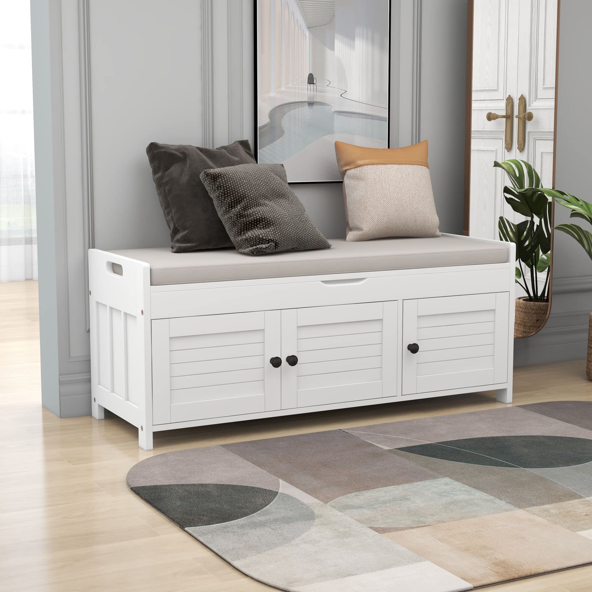 Merax Storage Bench with 3 Shutter Doors - Entryway Shoe Bench with Removable Cushion & Hidden Storage - Perfect for Living Room, Bedroom, Hallway Organization & Home Decor
